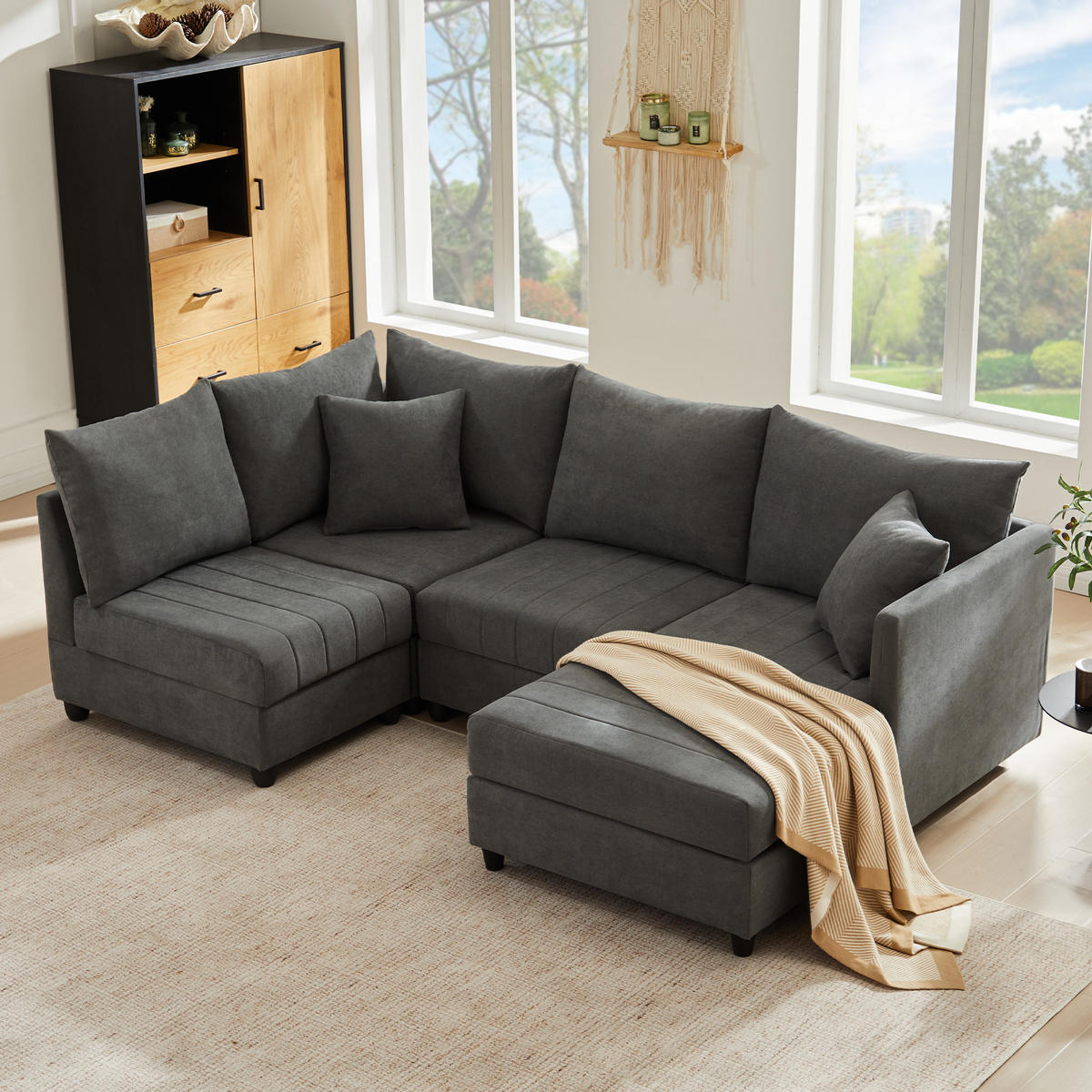 ECKSOFA 220/194/85 cm Grau mit umwandelbarem Fußhocker - Grau, Textil (220/194cm) - Oxeza