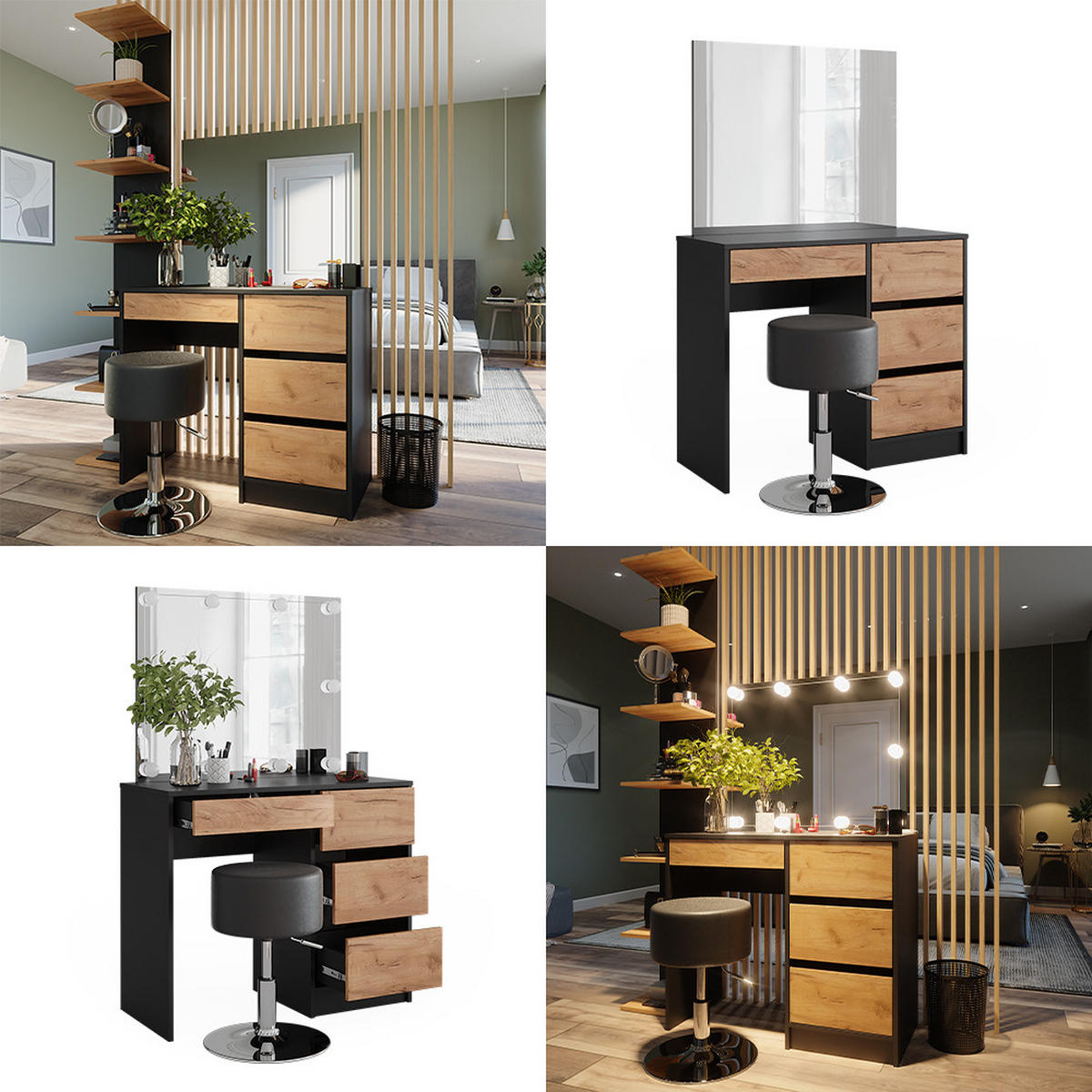SCHMINKTISCH Sherry Anthrazit/Goldkraft Eiche 90 x 75 cm mit Spiegel & Hocker - Honigeiche/Anthrazit, Holzwerkstoff (90/75/40cm) - Vicco