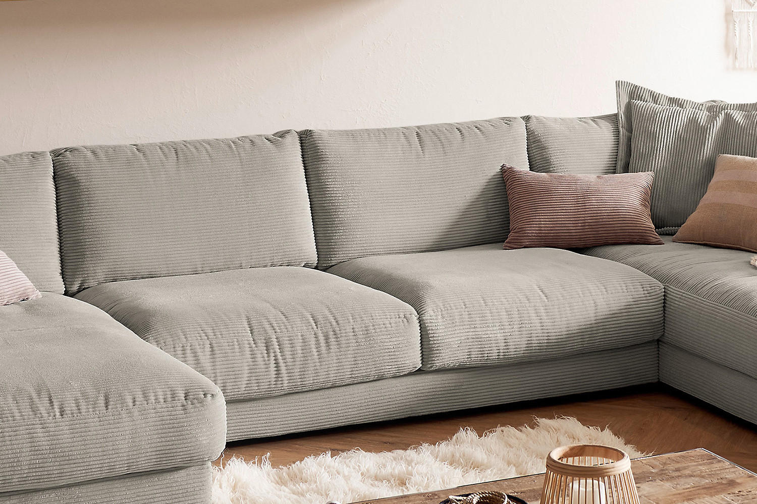 Thumbnail - Kawola Wohnlandschaft, Greige, Textil, Echtholz, 4-Sitzer, Füllung: Komfortschaum, U-Form, 425x86x224 cm, Wohnzimmer, So...