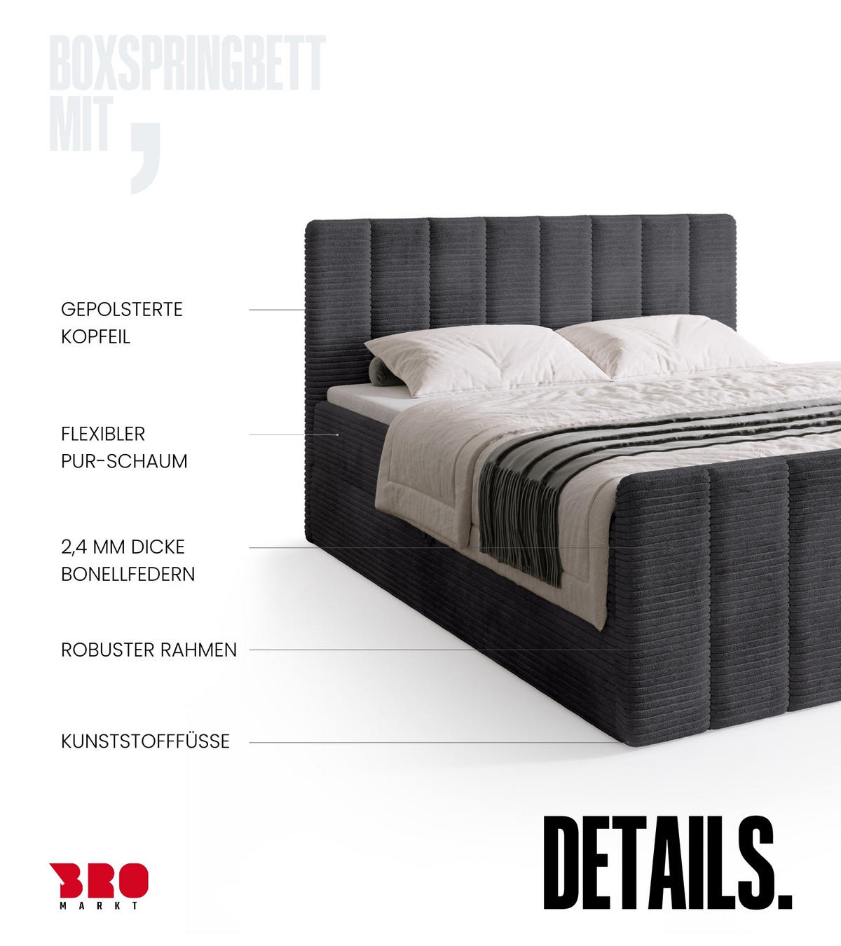 BOXSPRINGBETT Denver DUO mit Topper 160x200 Dunkelgrau - Grau, Textil (160/200cm) - Bromarkt
