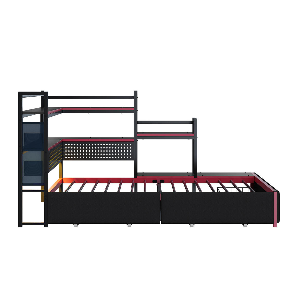 METALLBETT 90/200 cm in Schwarz mit Schubladen, LED, USB und Lochwand - Schwarz, Metall (90/200cm) - WISHDOR