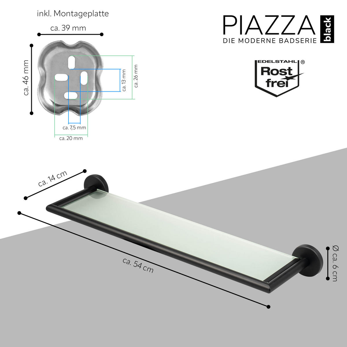 GLASABLAGE PIAZZA BLACK mit Kleber, Glas und Edelstahl, schwarz - Schwarz, Metall (54/6/14cm) - bremermann