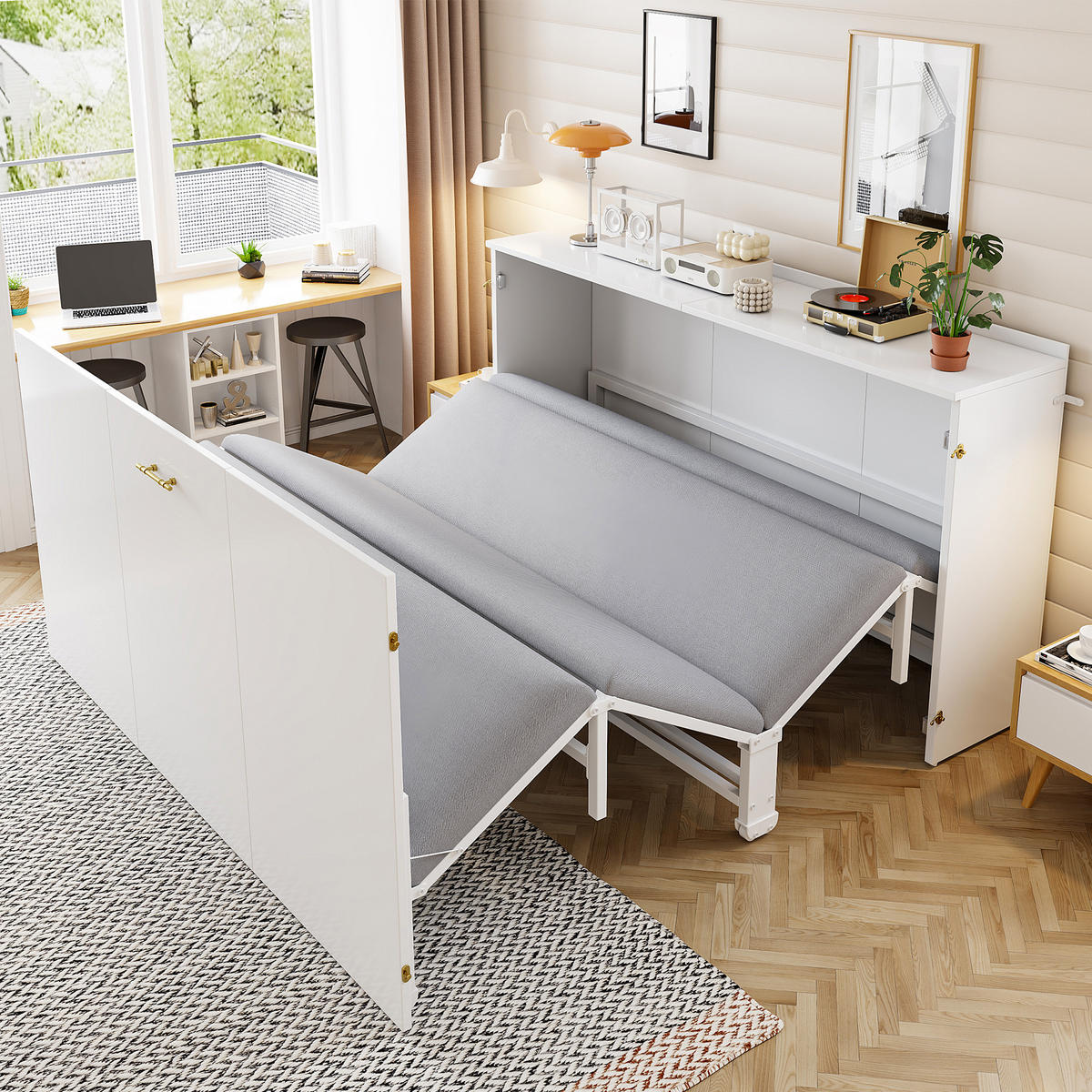 KLAPPBETT 140/200 cm in Weiß mit Rollen und Leinenmatratze - Weiß, Holzwerkstoff/Textil (140/200cm) - WISHDOR