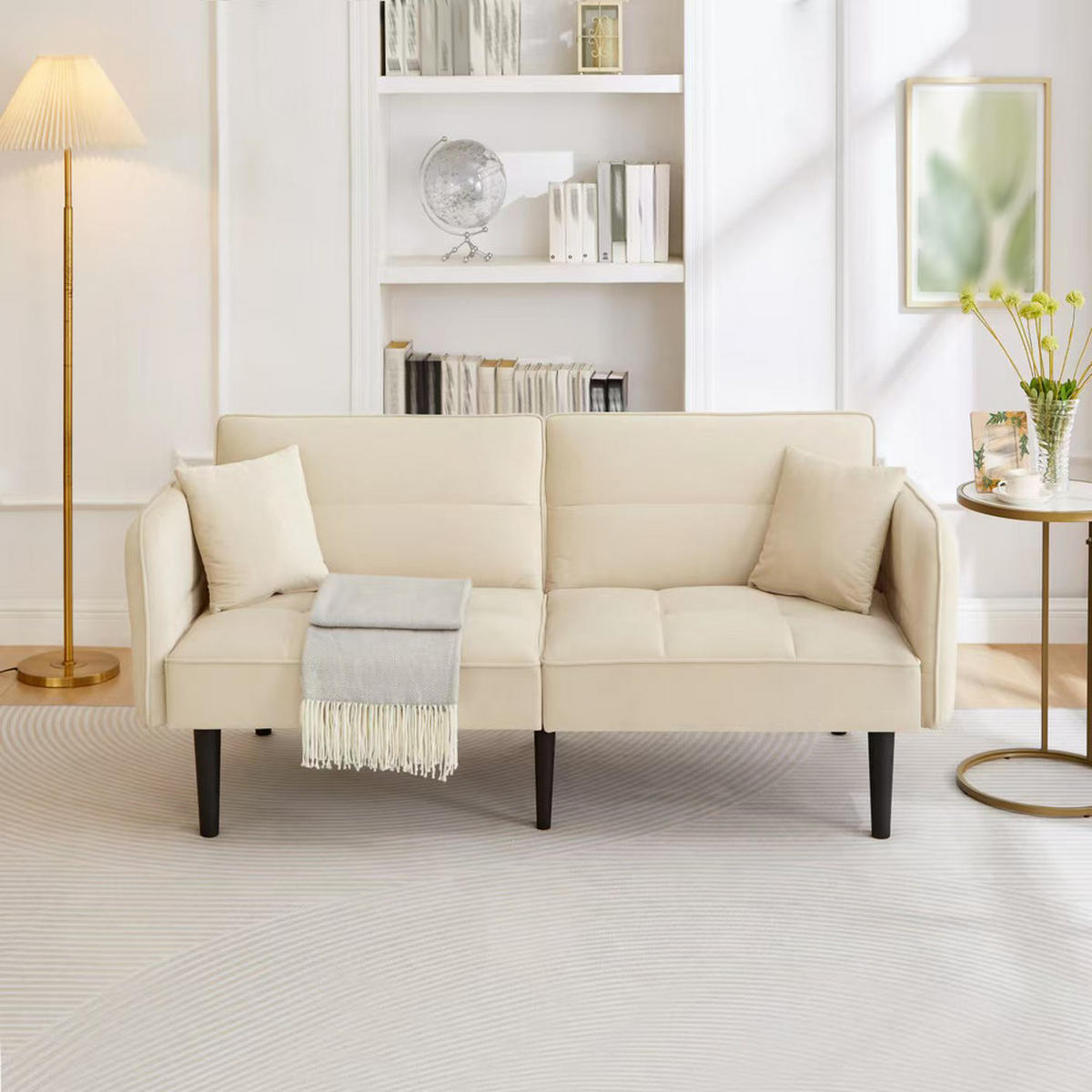 SOFA 2in1 Verstellbar Schlaffunktion Samtbezug Klappbare Armlehnen Kleinraum - Beige, Holz (92.08/19.05/80.01cm) - FLIEKS