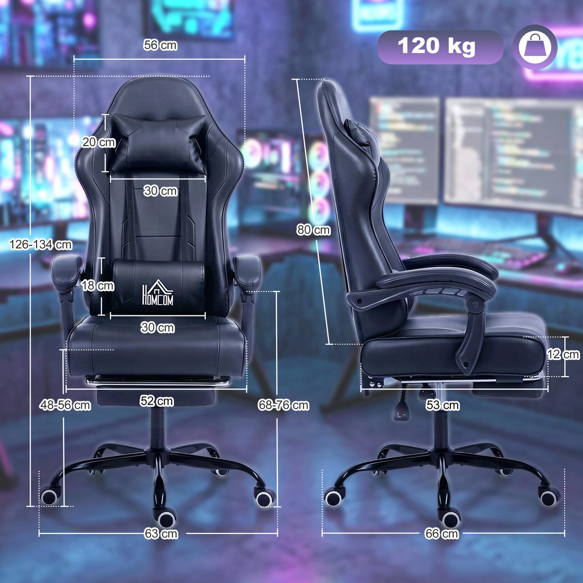 GAMINGSTUHL DE-11867 mit USB-Massage & 155° Neigung Schwarz - Schwarz, Metall (63/134/66cm) - ComfortXL