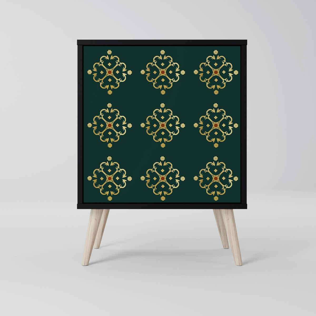 SIDEBOARD ROYAL MEDALLION, Schwarz, 57,5x42x67,5 cm, Schwarze Metall-Rahmenfüße - Multicolor/Schwarz, Holzwerkstoff/Metall (57.5/67.5/42cm) - SpaceRebels