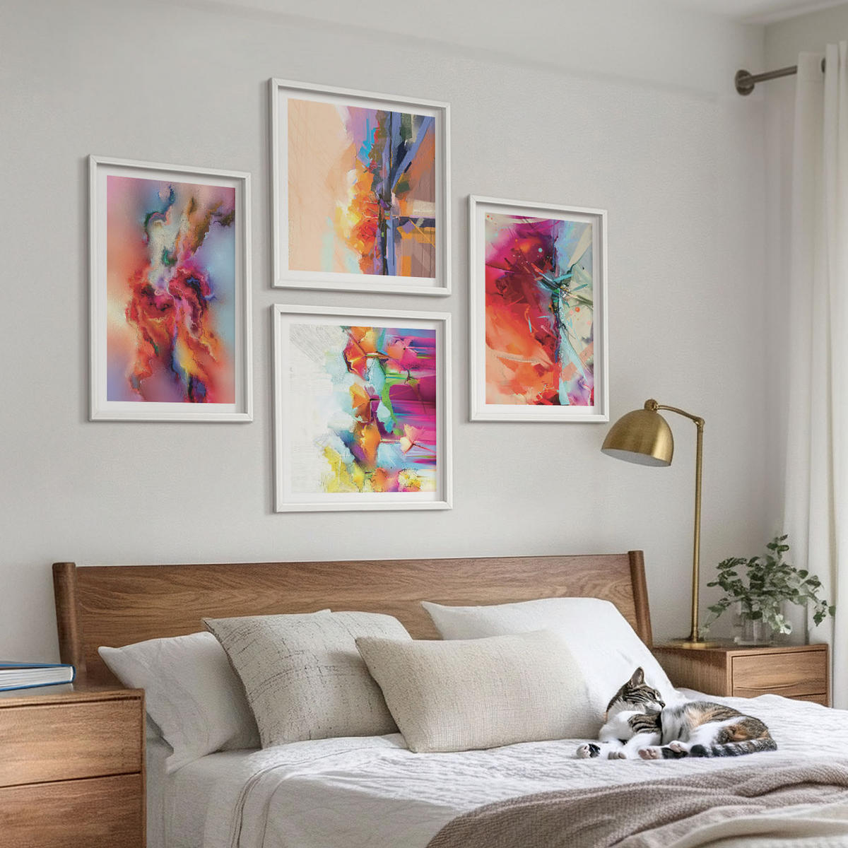 BILDER SET 4er Set - 50x50 cm & 40x60 cm Weißer Rahmen - Farbenfrohe Abstraktionen der Form - Weiß, Kunststoff (50/50cm) - TULUP