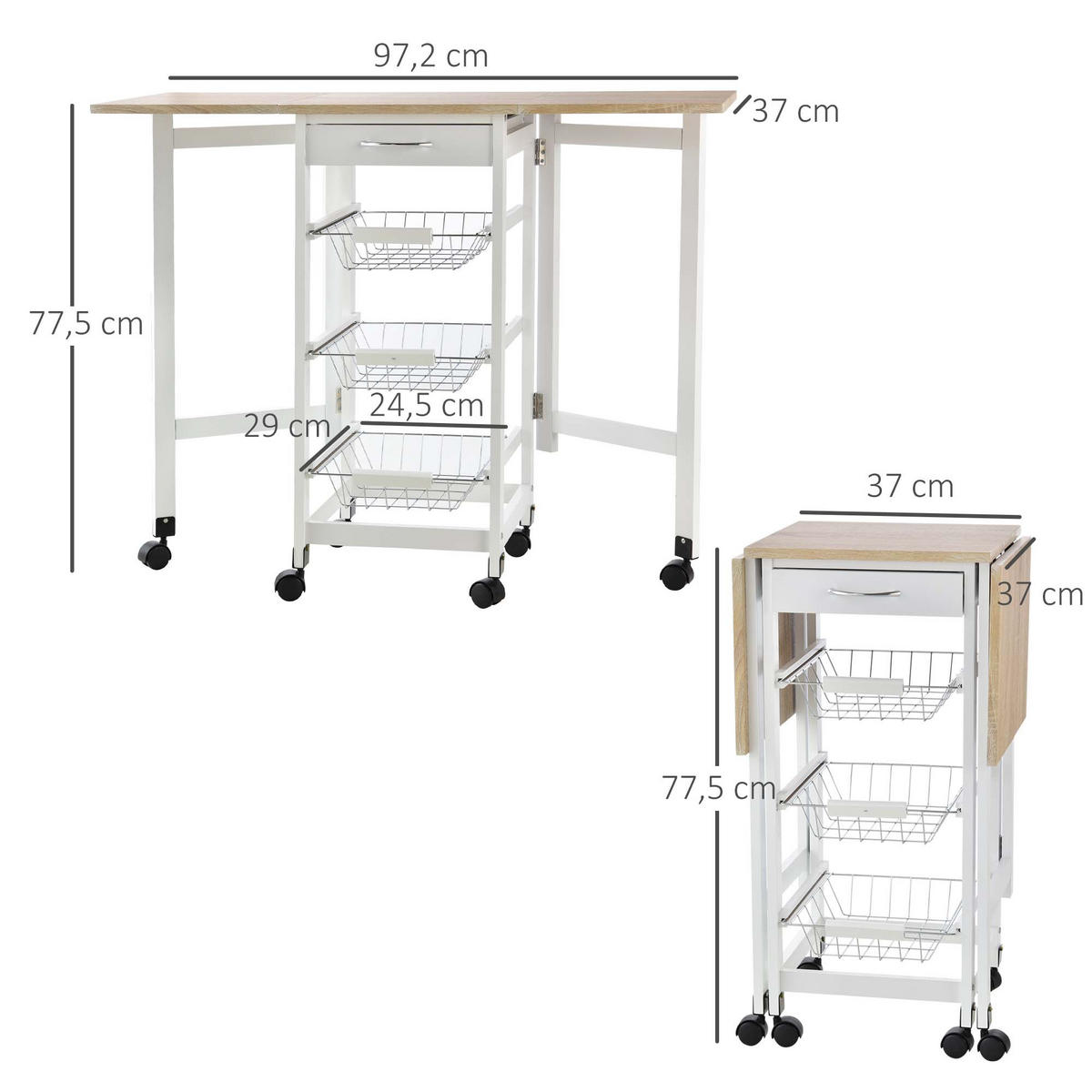 KÜCHENWAGEN, Küchenwagen mit 3 Metallkörben und Auszügen, MDF in Weiß und Eiche, vielseitiger Stauraum - Multicolor, Metall (97/77/37cm) - FORIOUS