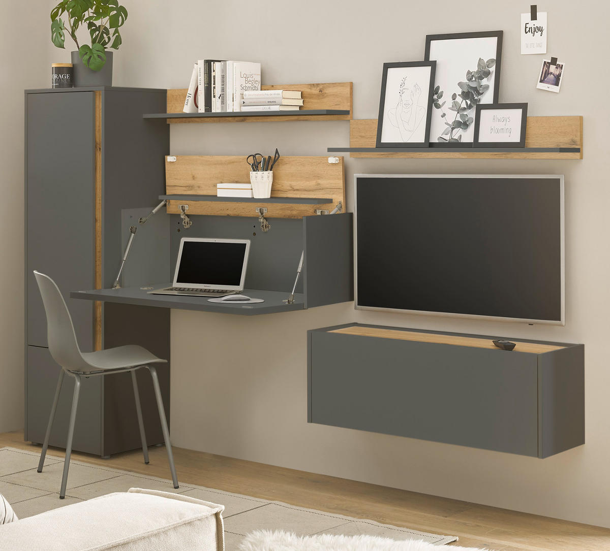 WOHNWAND grau matt, Eiche Wotan 5-teilig 250 cm, Wohnkombination mit Sekretär - Grau, Holzwerkstoff/Kunststoff (250/158/40cm) - Furn.Design