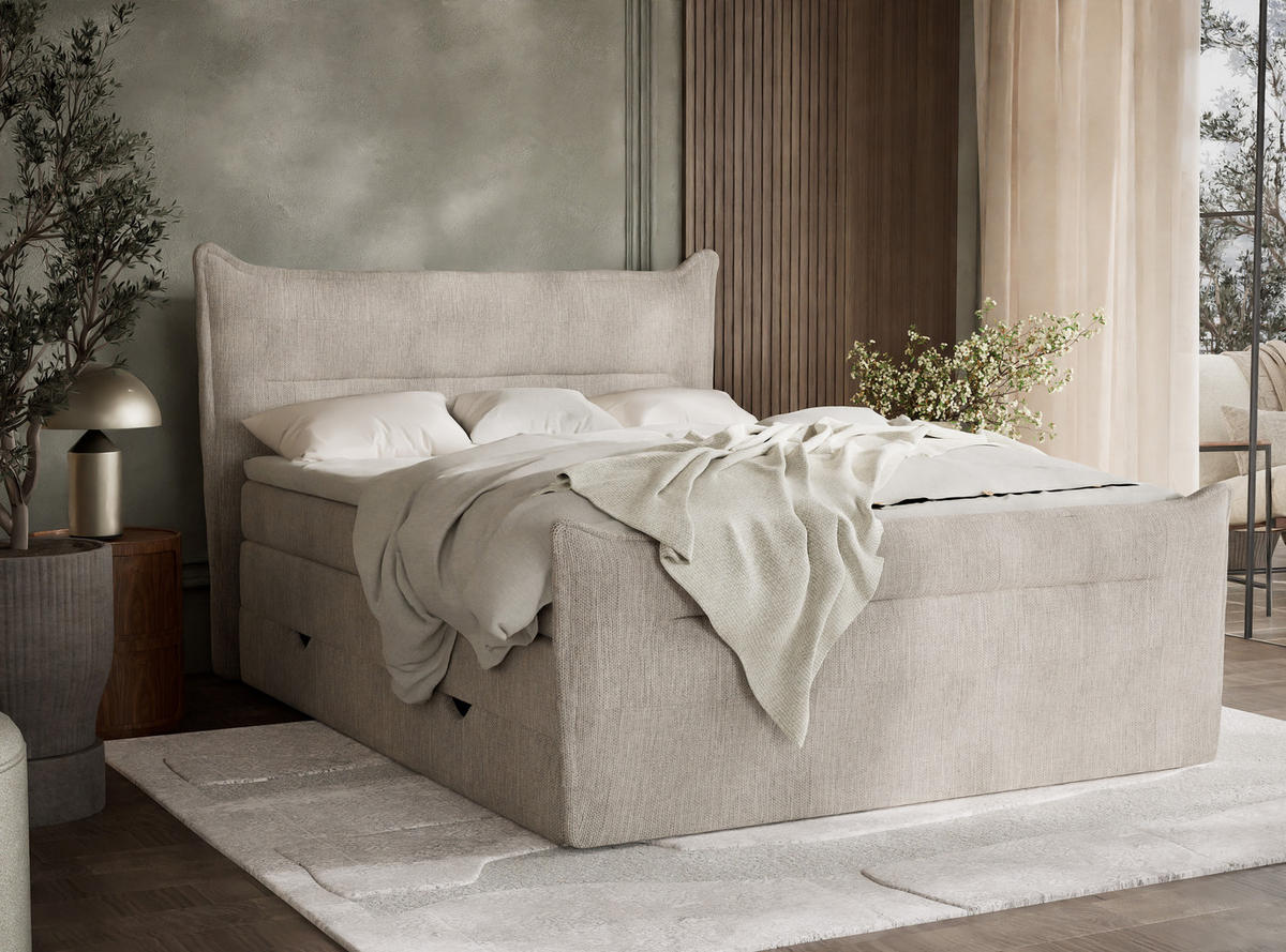 BOXSPRINGBETT Pelino 180/200 cm, in Beige, Bettkasten, Matratze, Topper - Beige/Schwarz, Holz/Holzwerkstoff (180/200cm) - Maison de Reve