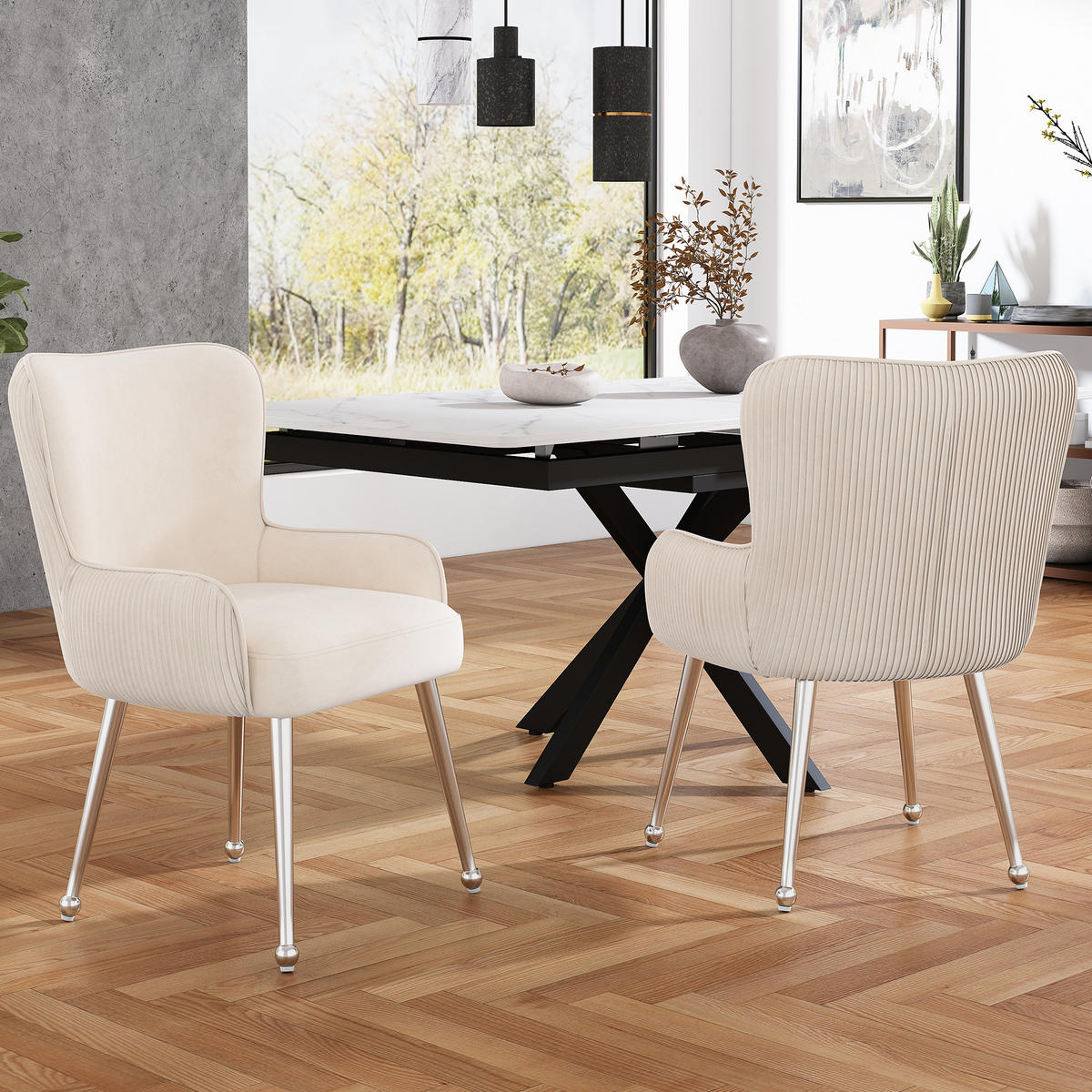 ESSZIMMERSTUHL 4er-Set Beige aus Samt mit Armlehnen - Beige, Textil (57/83/23cm)