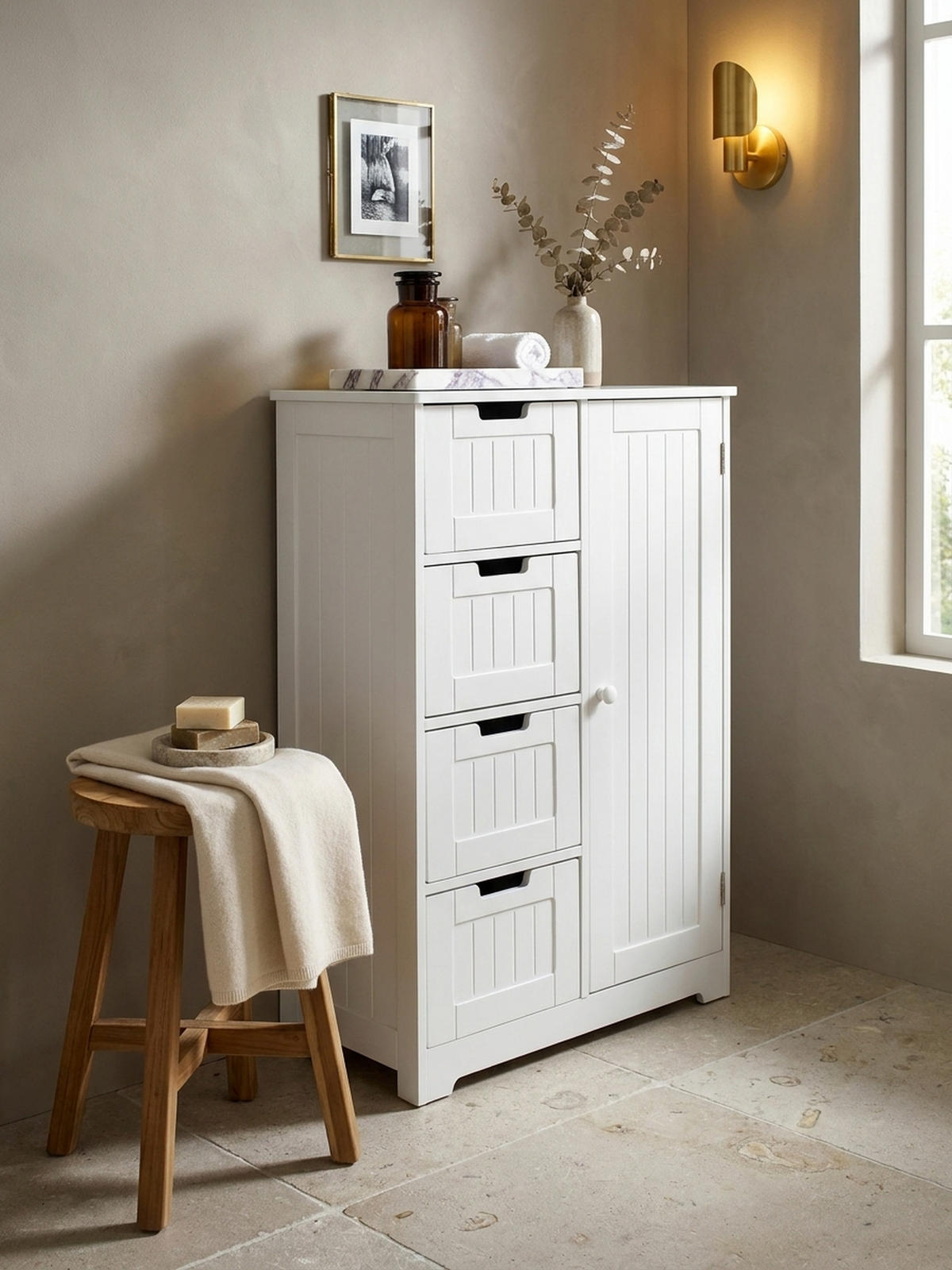BADSCHRANK Weiß 30x83x30 cm im Landhausstil aus MDF mit 4 Schubladen - Weiß, Holz (56/83/30cm) - KADIMA DESIGN