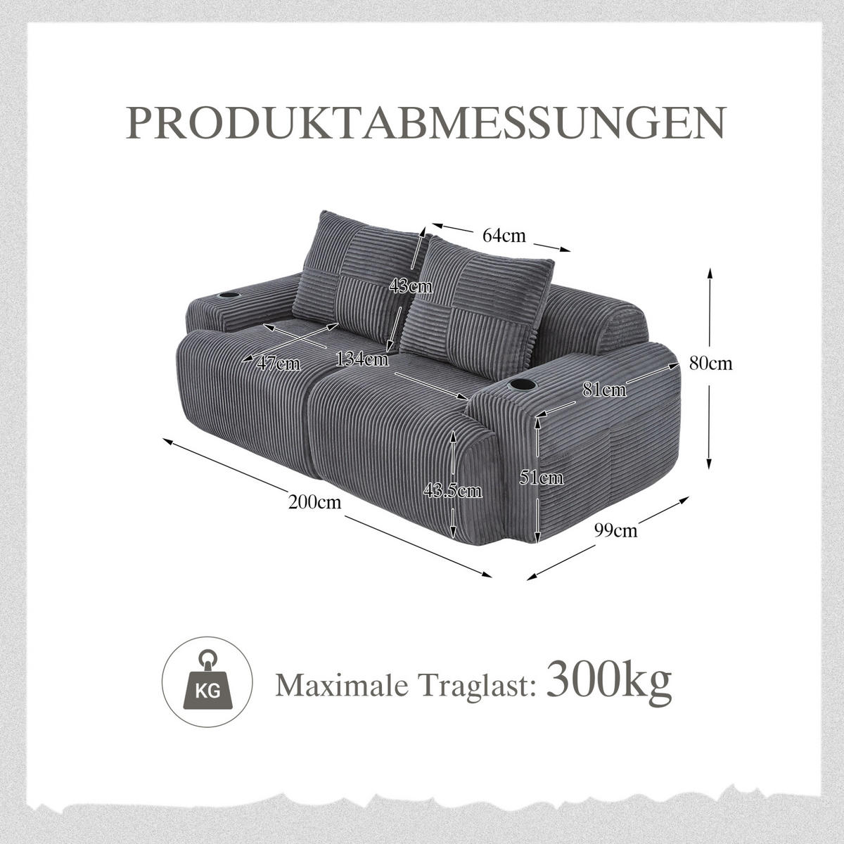 2-SITZER Sofa Cordstoff mit Getränkehalter und Seitentasche 200/99/80 cm Dunkelgrau - Dunkelgrau, Textil (99/80/200cm) - Redom