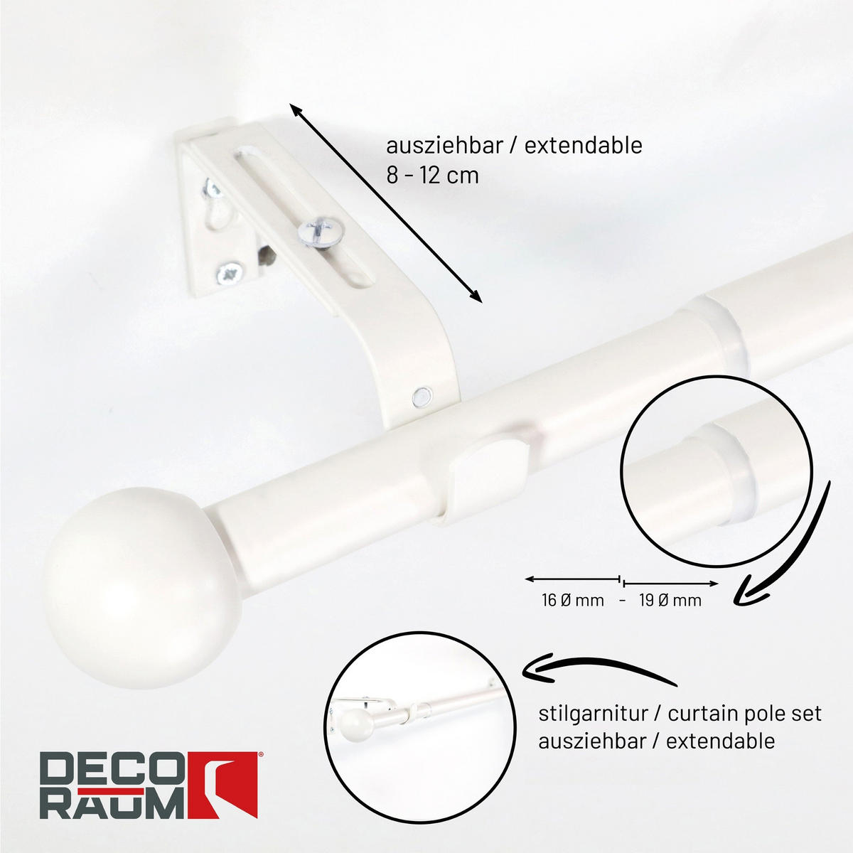 AUSZIEHBARE Gardinenstange, Vorhangstange Metall, Endkappen Kugel, Schwarz matt, Weiß matt, Edelstahloptik, Montagematerial inklusive, Indoor. - Weiß, Metall (120cm) - Deco-Raum