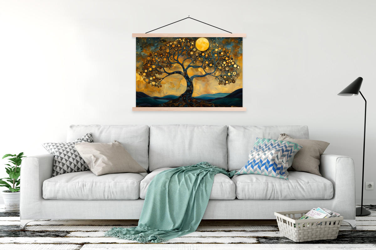 POSTER Baum - Mond - Blumen - Gold - Kunst 120x80 cm - Orange, Textil (120/80/0.15cm) - MuchoWow