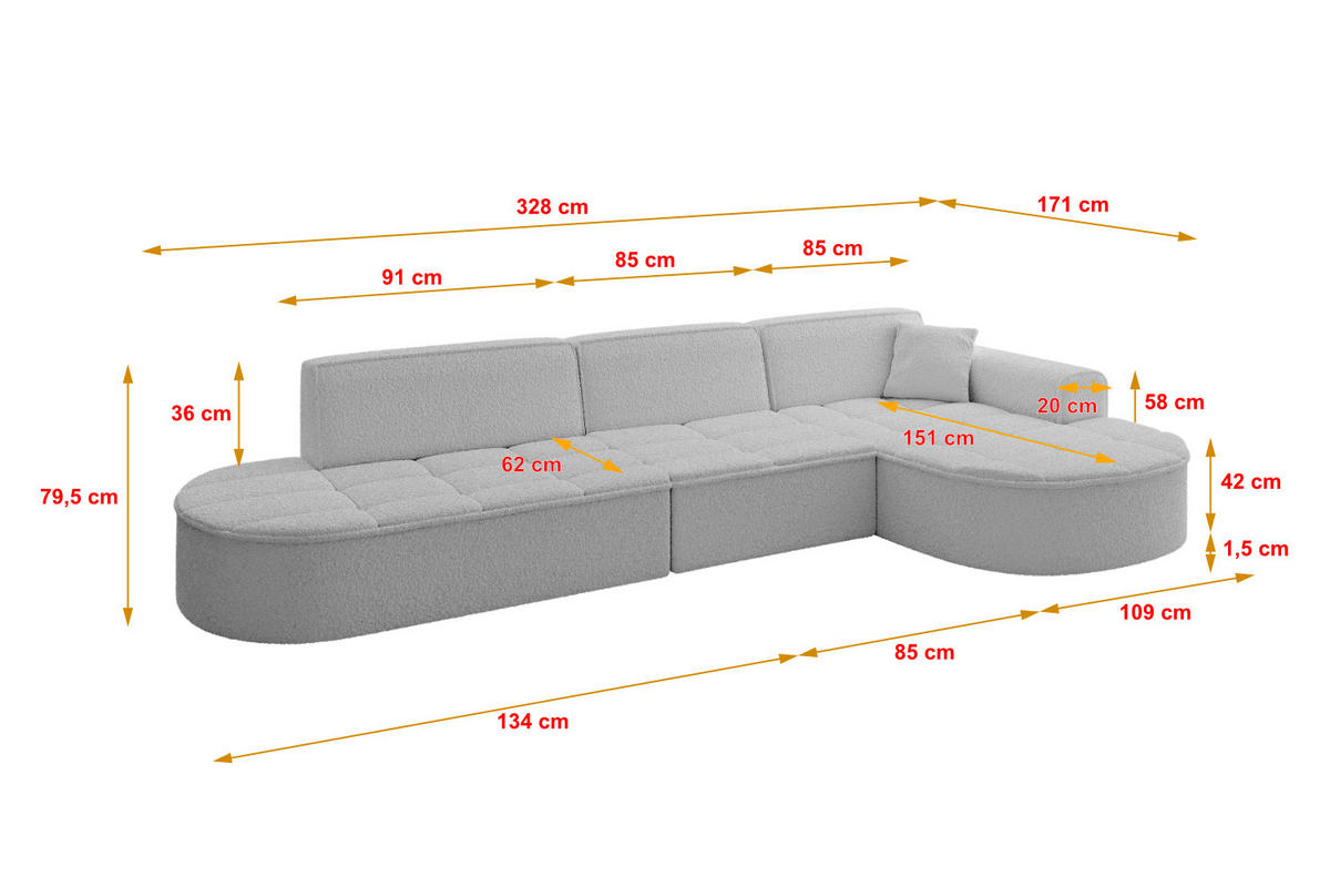 ECKSOFA Ottomane Rechts TARO-L2 - 328x171x79,5 cm Hellgrau - Hellgrau, Holzwerkstoff/Textil (328/171cm) - ALTDECOR