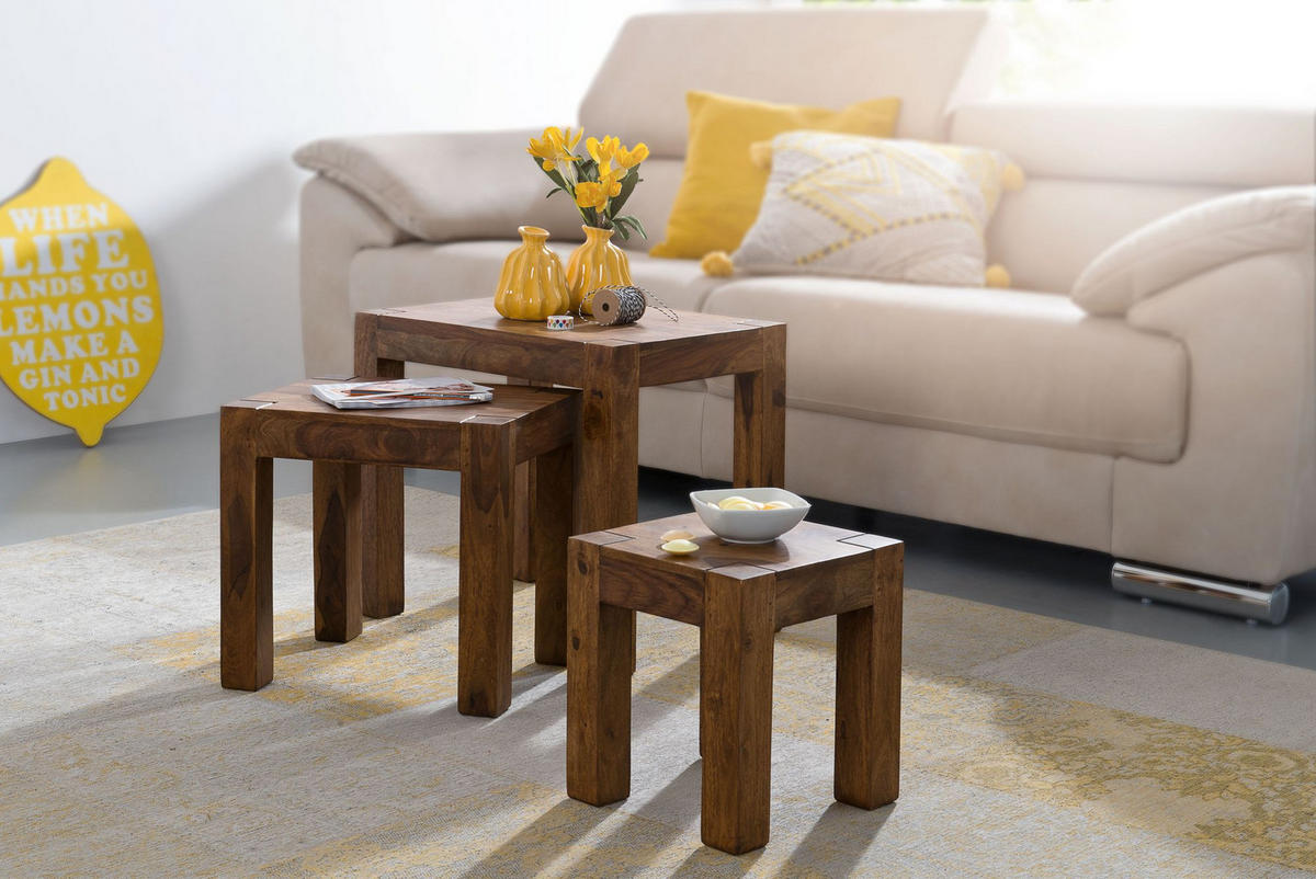BEISTELLTISCH 3er Set Massivholz Platzsparend Landhausstil NAKO, Braun 50x36x45 cm - Braun, Holz (36/50/45cm) - KADIMA DESIGN