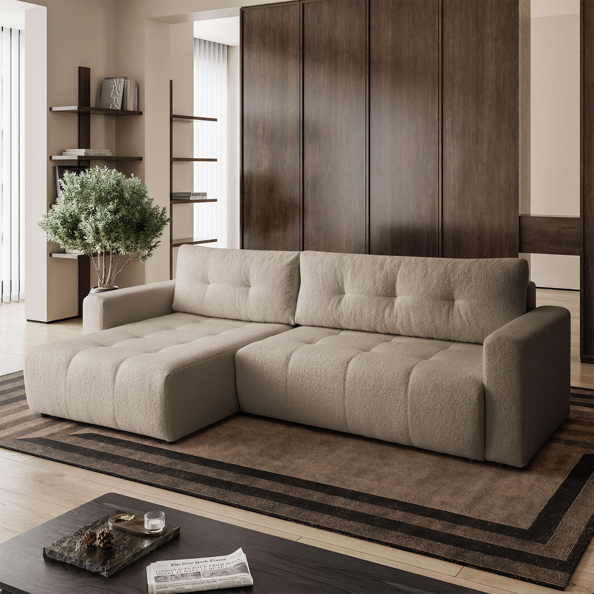 ECKSOFA WALONGO mit Schlaffunktion, Beige - Beige, Textil (261/143cm) - Fedve