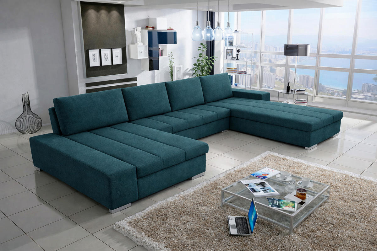WOHNLANDSCHAFT VERONA U-Form mit Schlaffunktion, Bettkasten und Wellenfederung – Großzügiges Ecksofa 387 cm - Petrol, Kunststoff (387/85/213cm) - Wohnideebilder