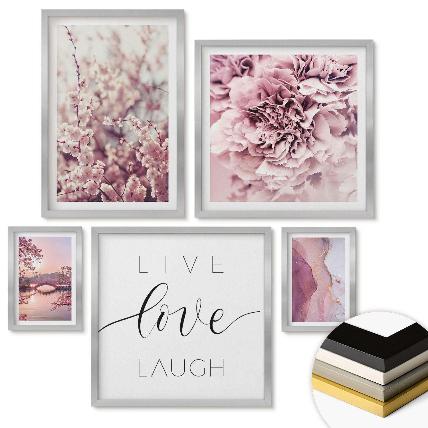 WANDBILDER 5er Set - 50x50 cm & 20x30 cm & 40x60 cm Silberner Rahmen - Italienische Sonnenuntergänge - Silberfarben, Kunststoff (40/60cm) - ArtPrintCave