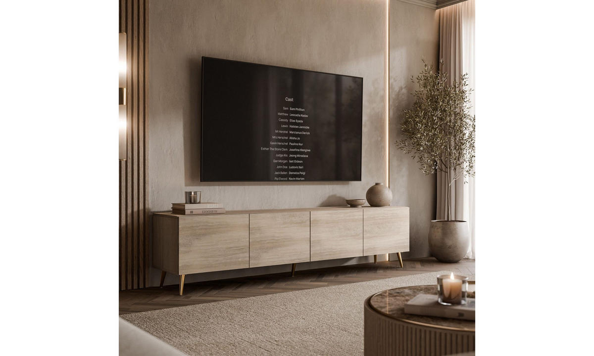 TV-SCHRANK COLGANTE 200/40/49 cm schräge goldfarbene Füße Travertin - Beige/Goldfarben, Holzwerkstoff/Metall (200/49/40cm) - Lookway