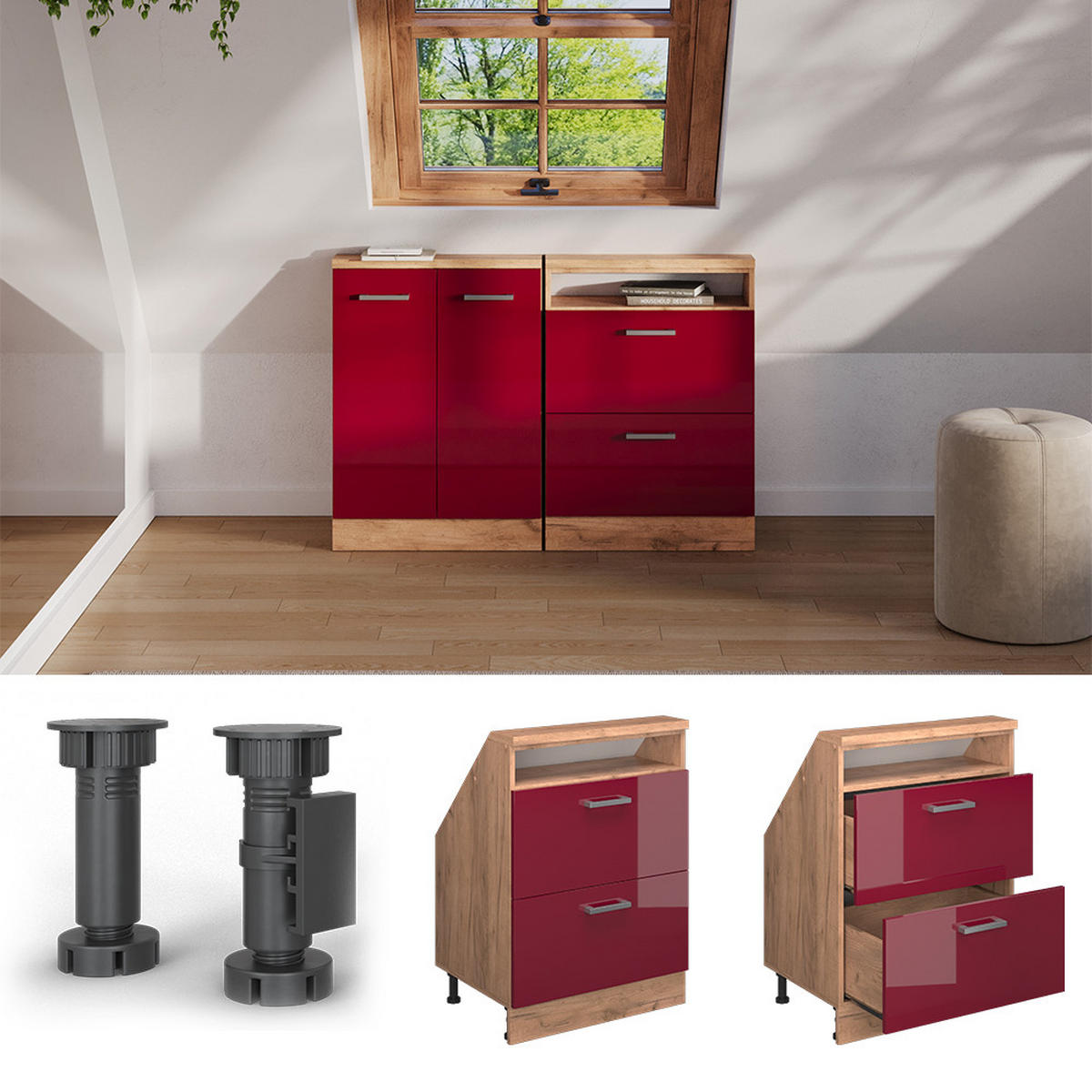 DACHSCHRÄGENSCHRANK Rion Rot Hochglanz/Goldkraft Eiche mit 2 Schubladen - Honigeiche/Rot, Holzwerkstoff (60/81.6/46cm) - Vicco
