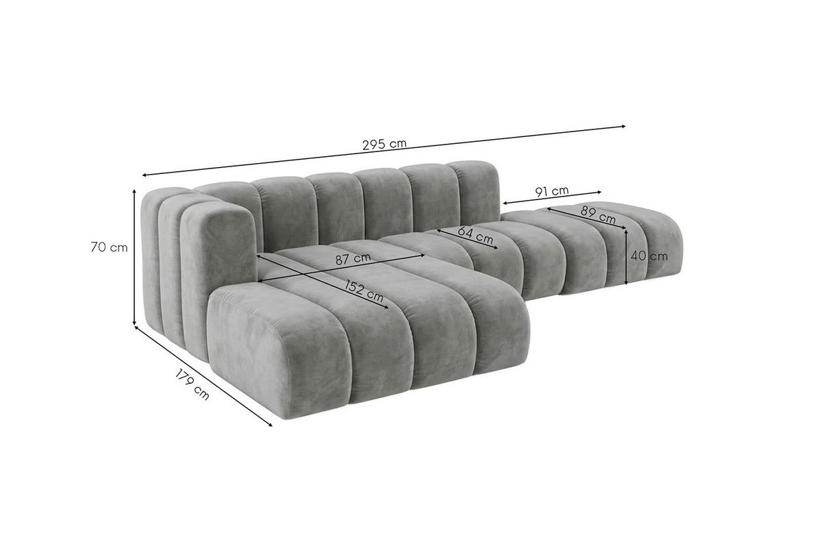 ECKSOFA Modulares In L-Form Mit Hocker, Velvet-Stoff Riviera, Grau, Links, GRAND Mini - Grau, Holz (295/179cm) - Kaiser Möbel