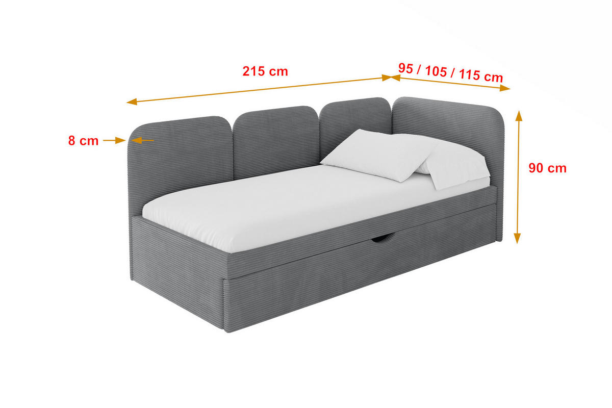 EINZELLBETT Jugendbett mit Bettkasten, Links - ALVY 80x200 Dunkelgrau - Dunkelgrau, Holzwerkstoff/Textil (80/200cm) - ALTDECOR