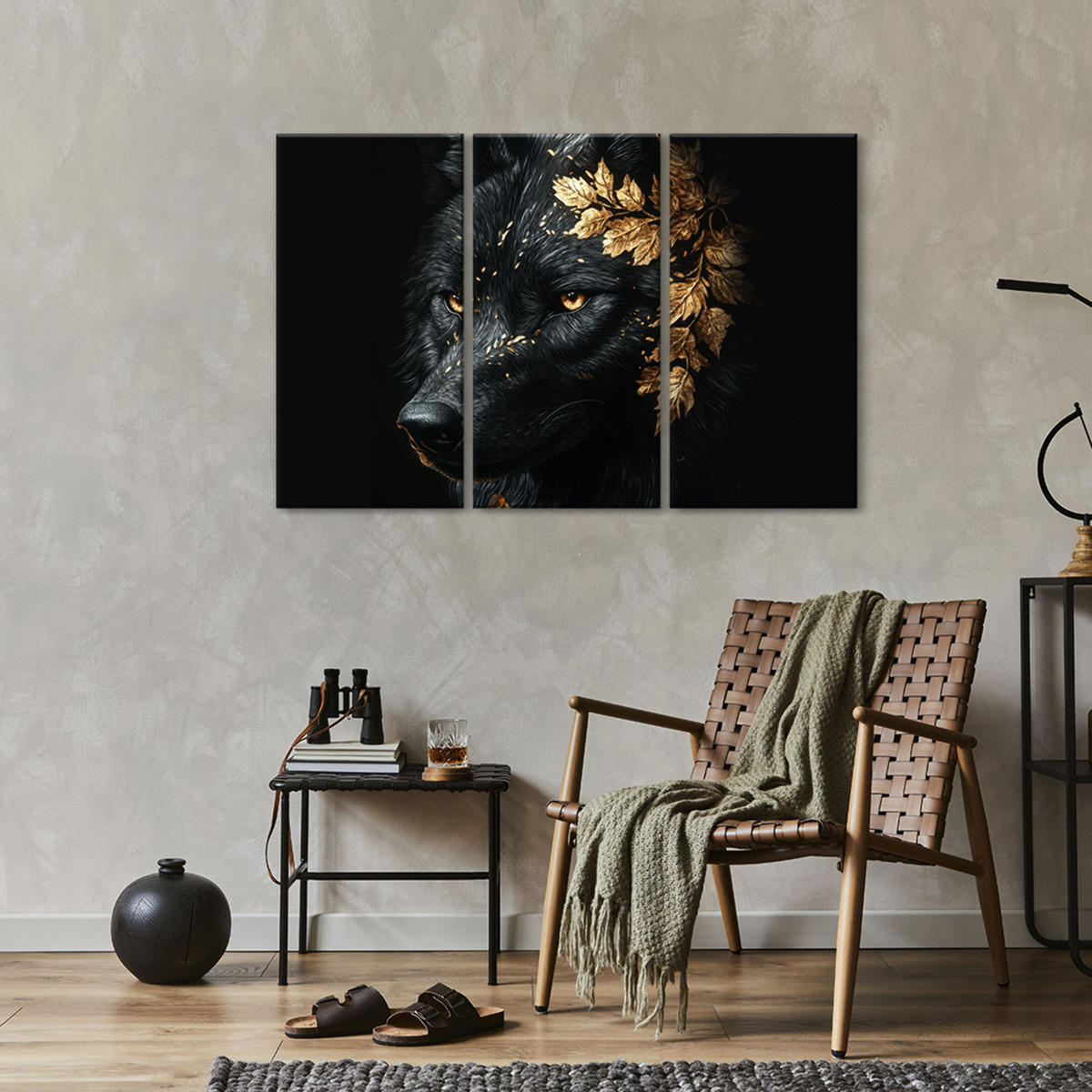 LEINWANDBILD Wolf 3-tlg. 90x60 cm - Schwarz, Holz (90/60cm) - LUMASOUL