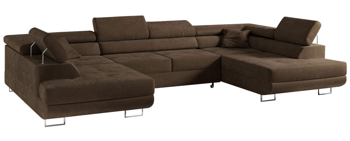 WOHNLANDSCHAFT GUSTAW U Braun Velvet - Silberfarben/Braun, Textil/Metall (340/55/205cm) - MKS