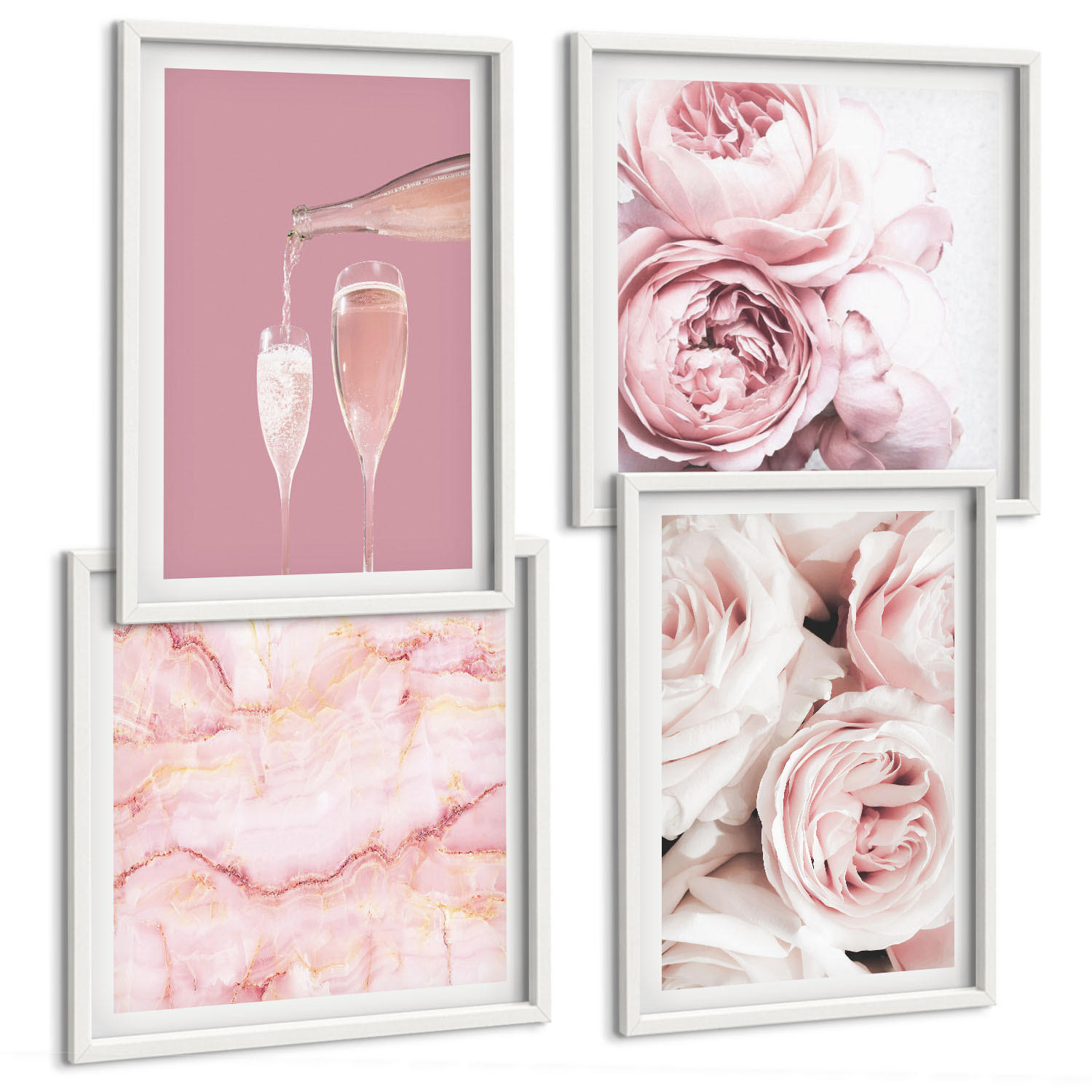 BILDER SET 4er Set - 50x50 cm & 40x60 cm Weißer Rahmen - Rosen, Champagner, Marmor, Pastell - Weiß, Kunststoff (50/50cm) - TULUP