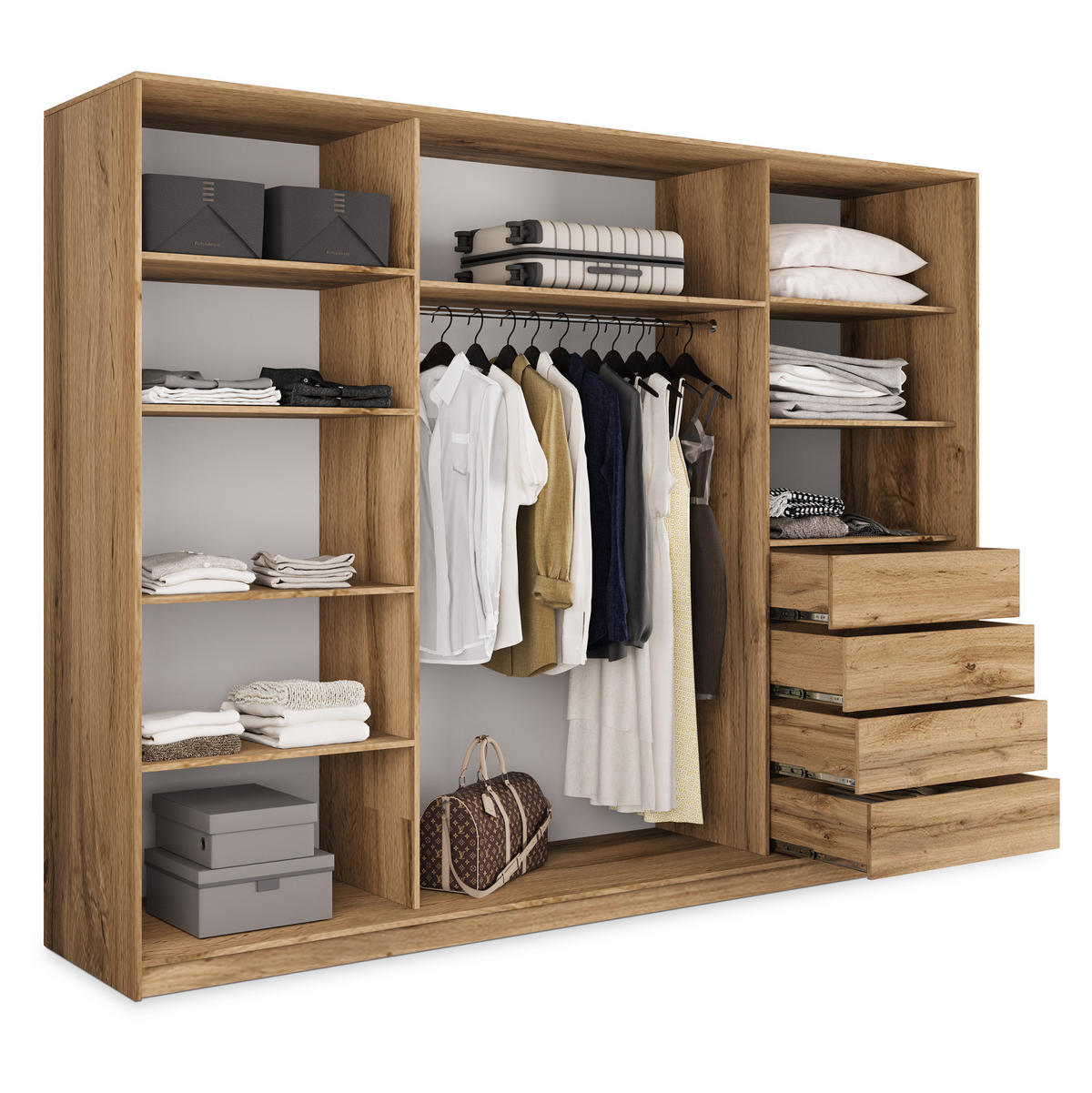 SCHWEBETÜRENSCHRANK PINA 270/205/58 cm 3-türig mit Spiegel und 4 Schubladen Eiche Wotan - Eiche Wotan, Holzwerkstoff (270/205/58cm) - MASSENO