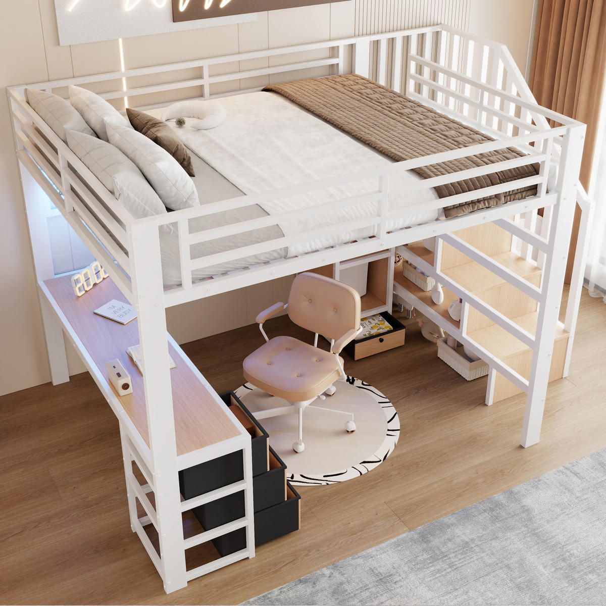 HOCHBETT 140/200 cm in Weiß mit 4 Schubladen, Schreibtisch und LED - Weiß, Holzwerkstoff/Metall (140/200cm) - STILVORA
