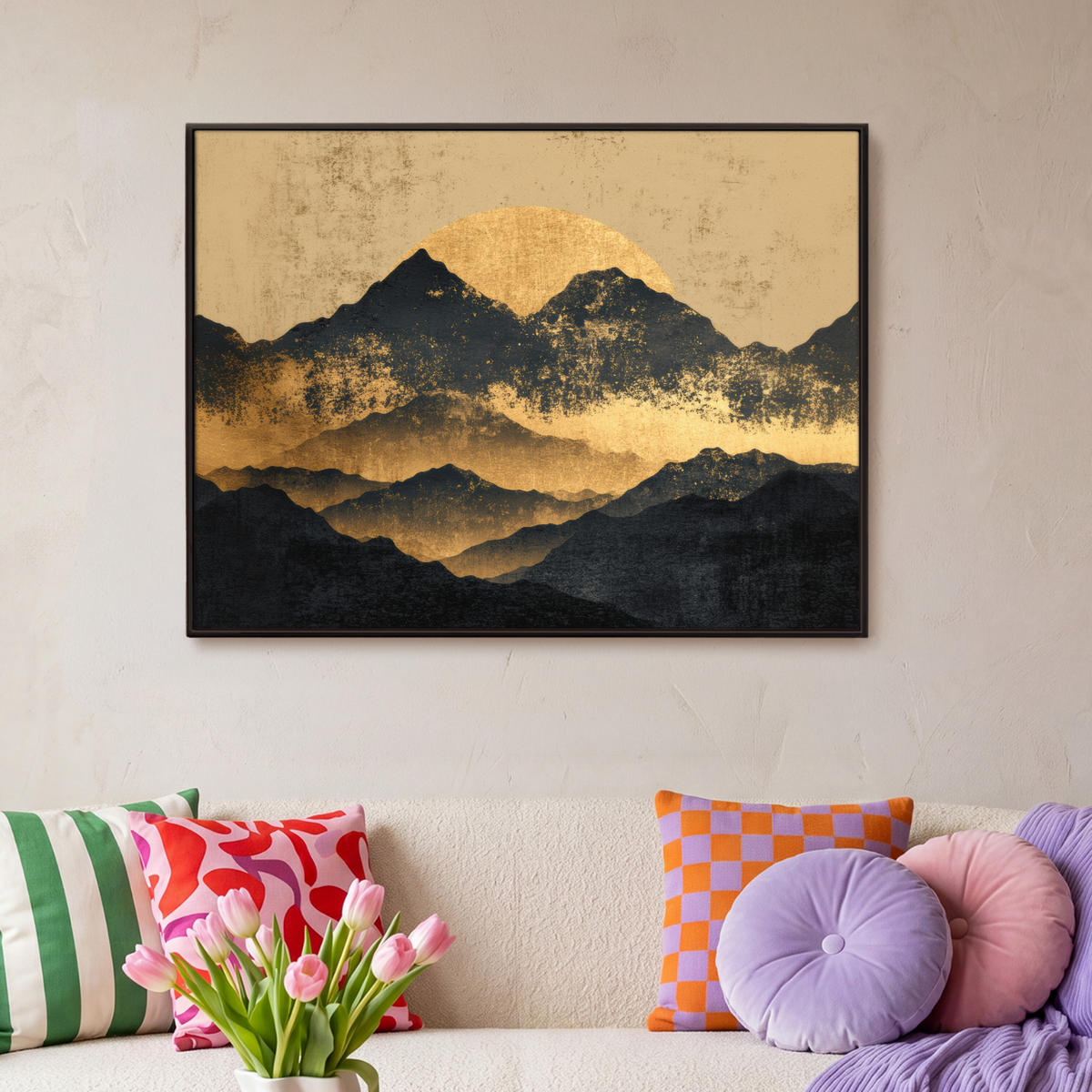 LEINWAND Bilder mit Rahmen - Goldene Berge bei Mondschein - 100x70 - Goldfarben, Textil (100/70cm) - MuchoWow