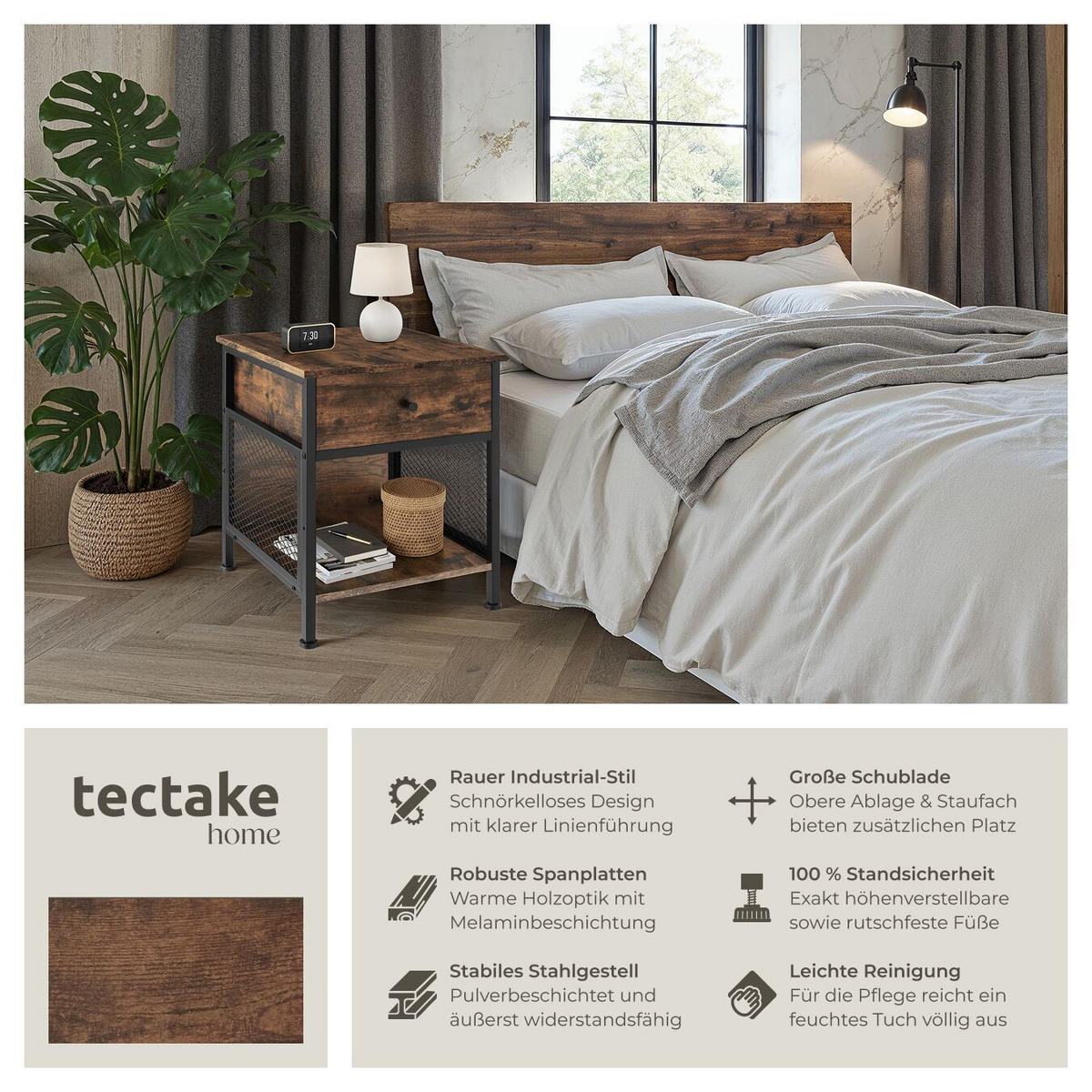 NACHTSCHRANK Killarney, 45 x 46 x 55,5 cm, Industrial Holz dunkel, rustikal - Rostfarben, Holzwerkstoff (45/55.5/46cm) - tectake