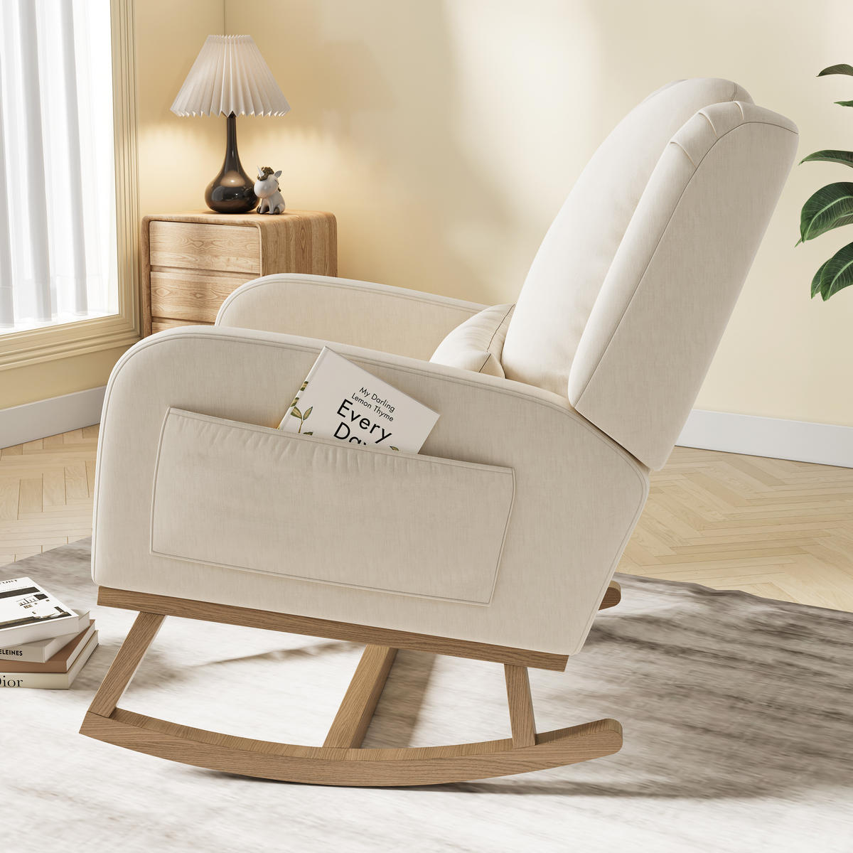 SCHAUKELSTUHL BEIGE LEINEN KISSEN SEITENTASCHEN STABILITÄT - Beige, Holzwerkstoff (93/96/52cm) - SHOPENTRA