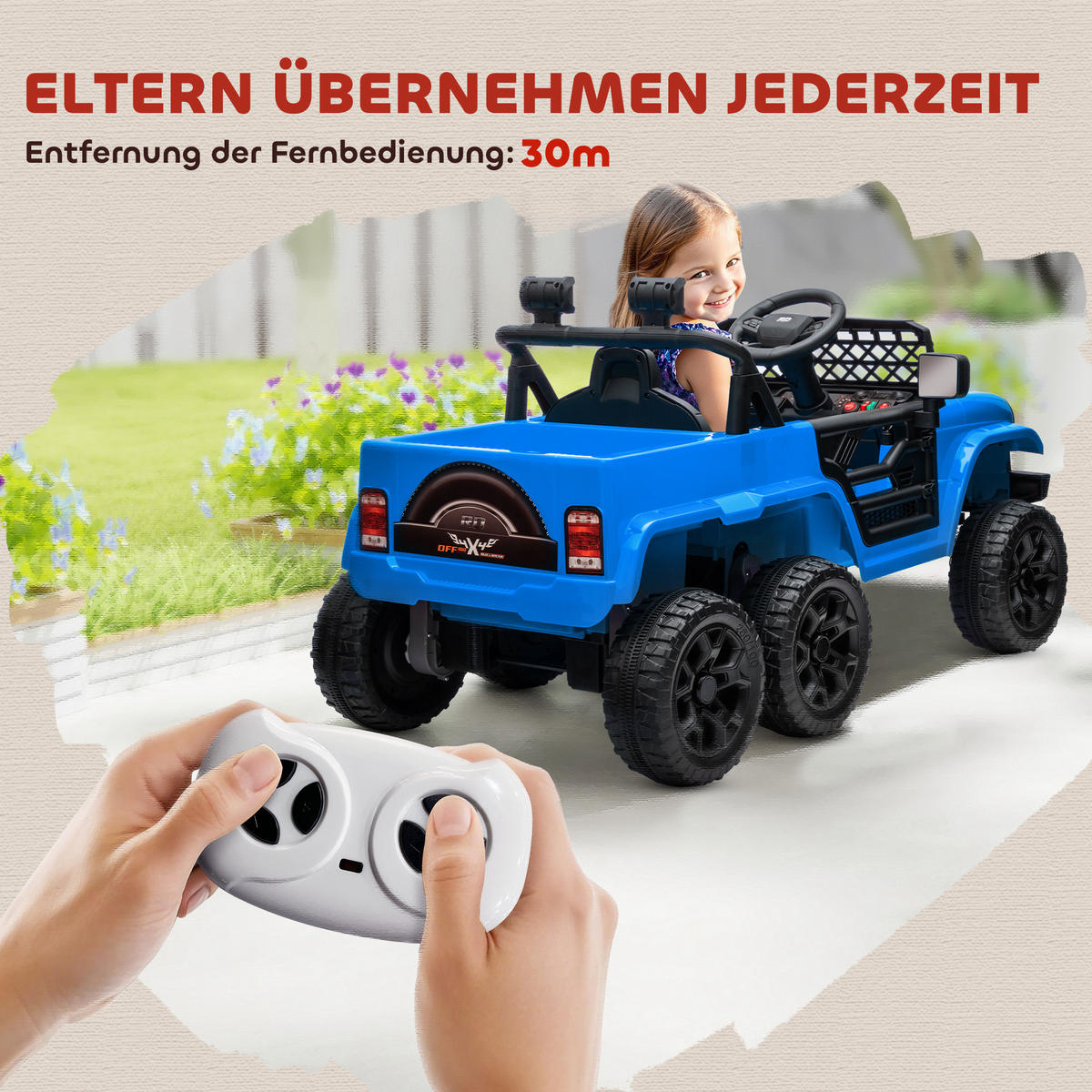 ELEKTRISCHES Kinderauto 12V, mit Anhänger, LED-Lichtern, Musik und Hupe, für Kinder im Alter von 3-8 Jahren, Hellblau - Blau, Kunststoff (122/62.5/65cm) - AIYAPLAY