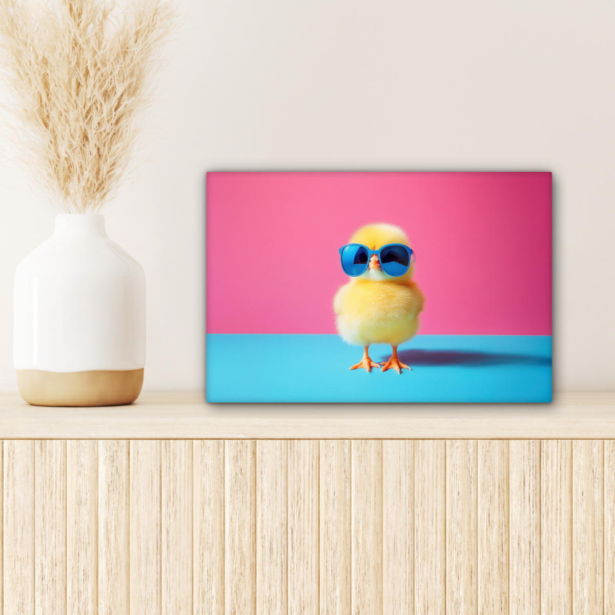 LEINWANDBILD Chick - Sonnenbrille - Blau Deko Schlafzimmer 30x20 cm - Pink/Gelb, Textil (30/20cm) - MuchoWow
