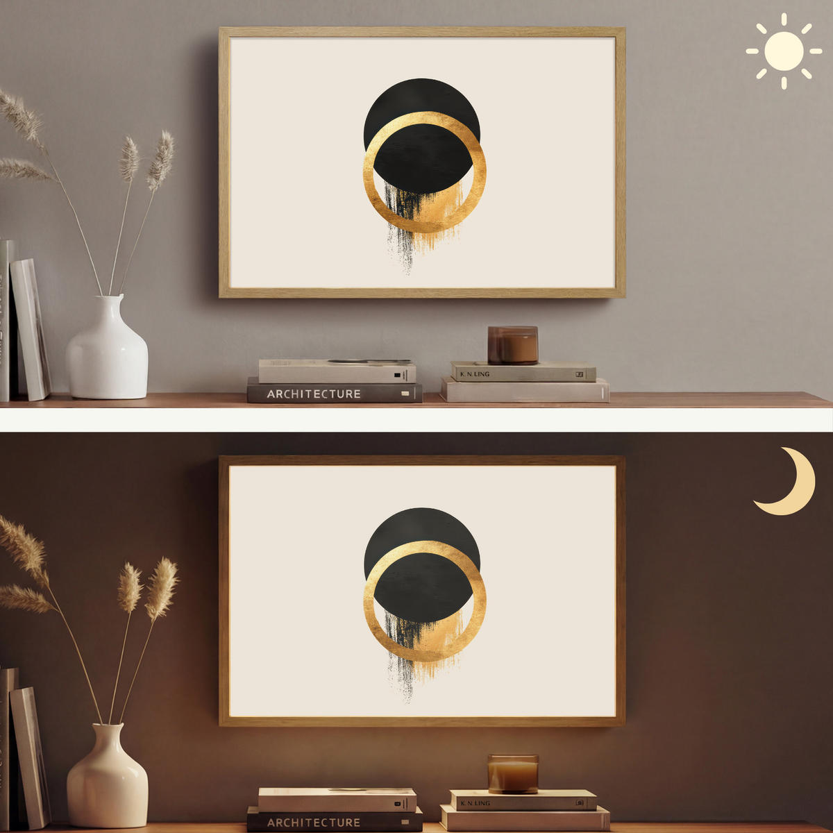 NÁSTĚNNÁ LAMPA S AKUMULÁTOREM Abstraktní design - Černý kruh - Skvrny od barvy 60x40 cm - krémová, kompozitní dřevo (60/40/8cm) - OnlyWow