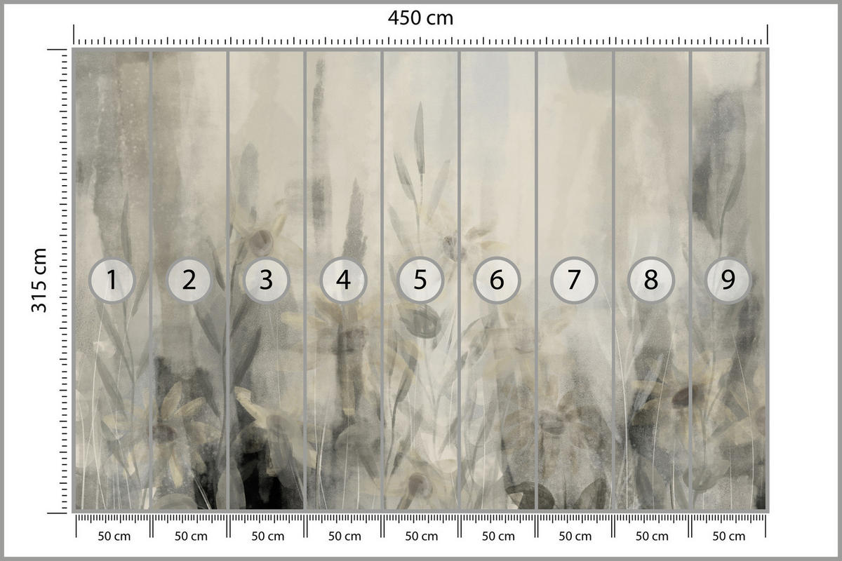 FOTOTAPETE Aquarell Blumen Blätter Abstraktion Vintage 450x315 - Beige/Grau, Papier (450/315cm) - Muralo