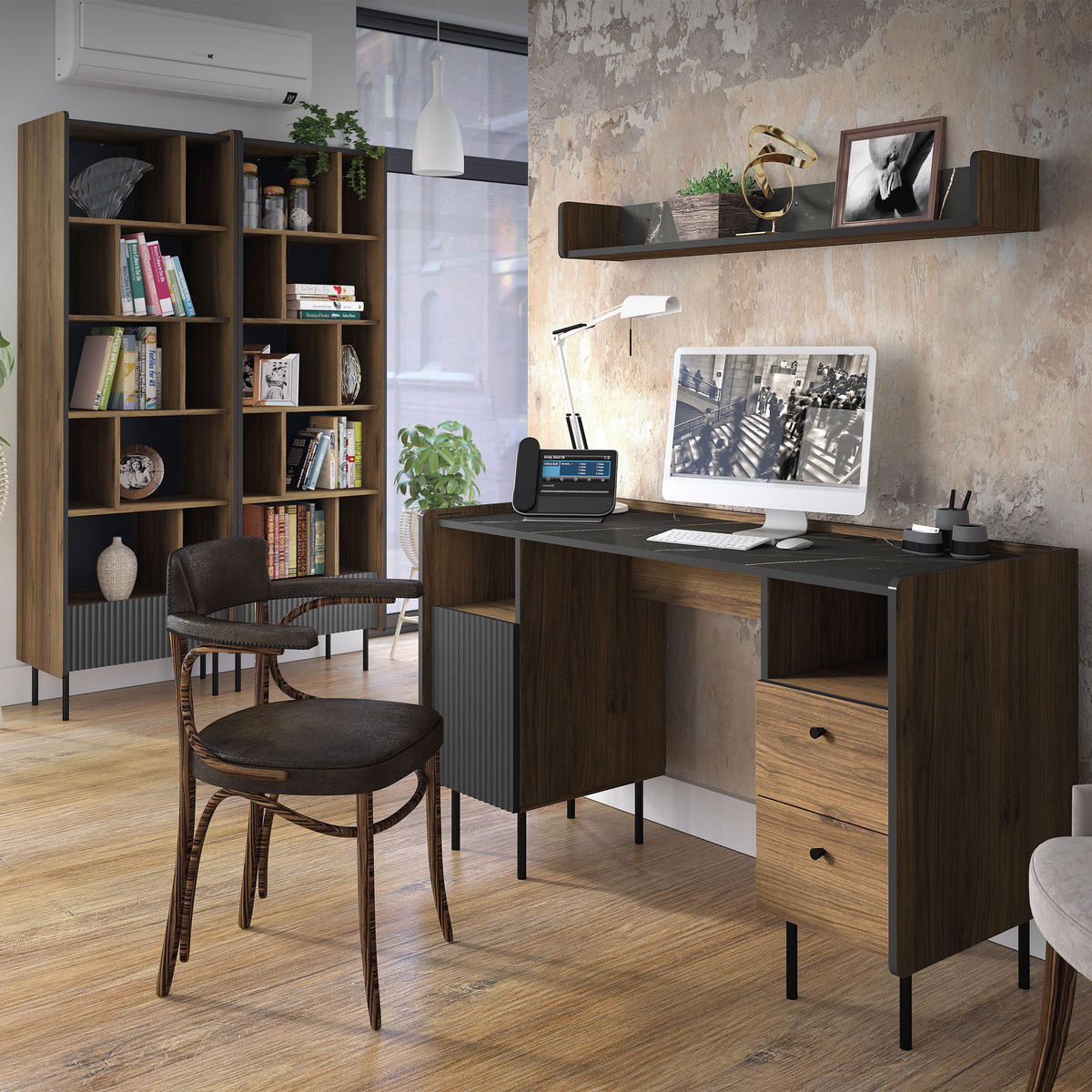 NACHTTISCH Piano mit 2 Schubladen, Mattschwarz + Warmia-Nussbaum - Dunkelbraun/Schwarz, Holzwerkstoff (42/50/40cm) - Beautysofa