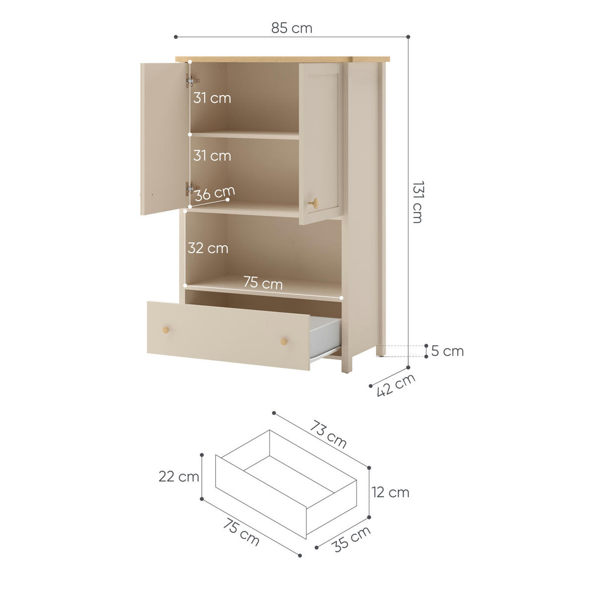 KINDERKOMMODE STORY 11 - Eichefarben/Beige, Holzwerkstoff (85/131/42cm) - Meblini