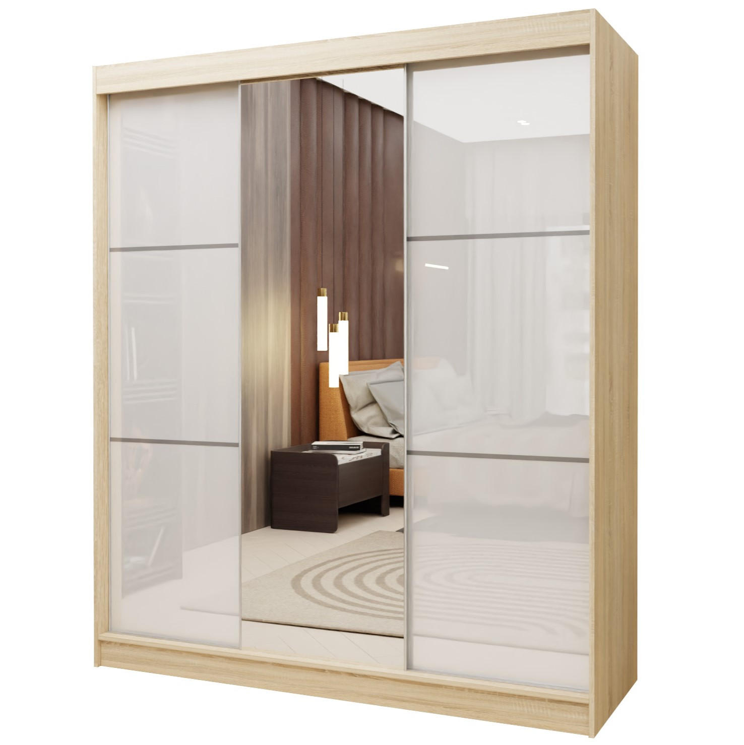 SCHWEBETÜRENSCHRANK VITALE 180/216/61 cm 3-türig mit Spiegel Sonoma Eiche - Weiß/Sonoma Eiche, Holzwerkstoff (180/216/61cm) - MASSENO