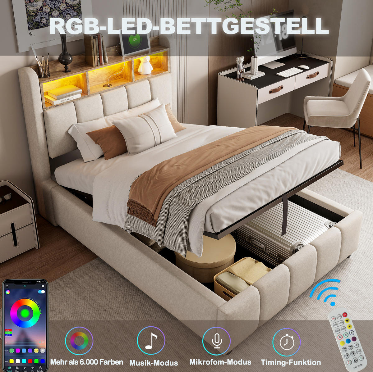 POLSTERBETT 90/200 cm Beige aus Leinenstoff mit LED-Beleuchtung und Stauraum - Beige, Textil (90/200cm) - OKMYHOME