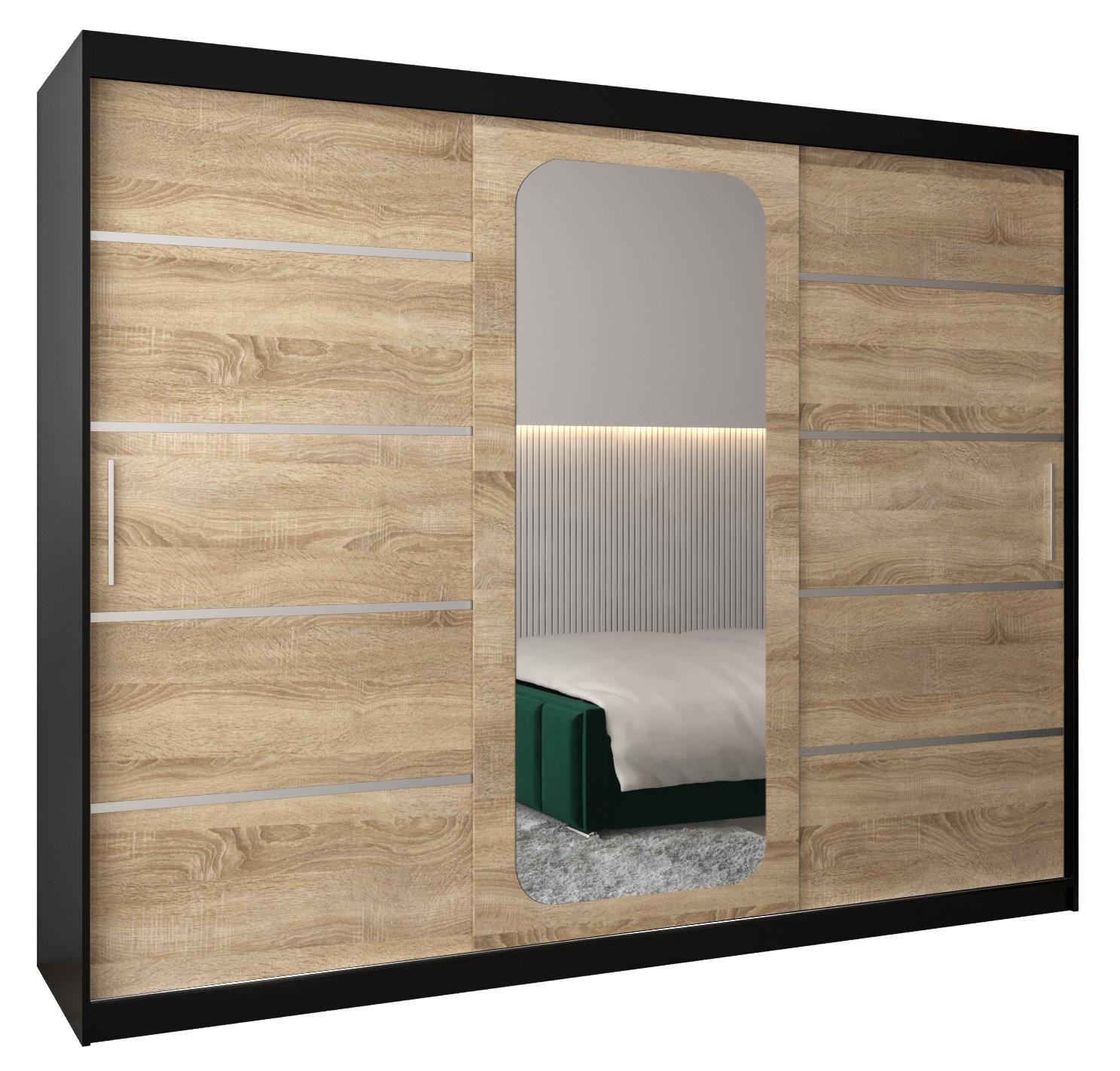 Abiks Möbel Schwebetürenschrank Schwarz, Sonoma Eiche 250x200x62 cm