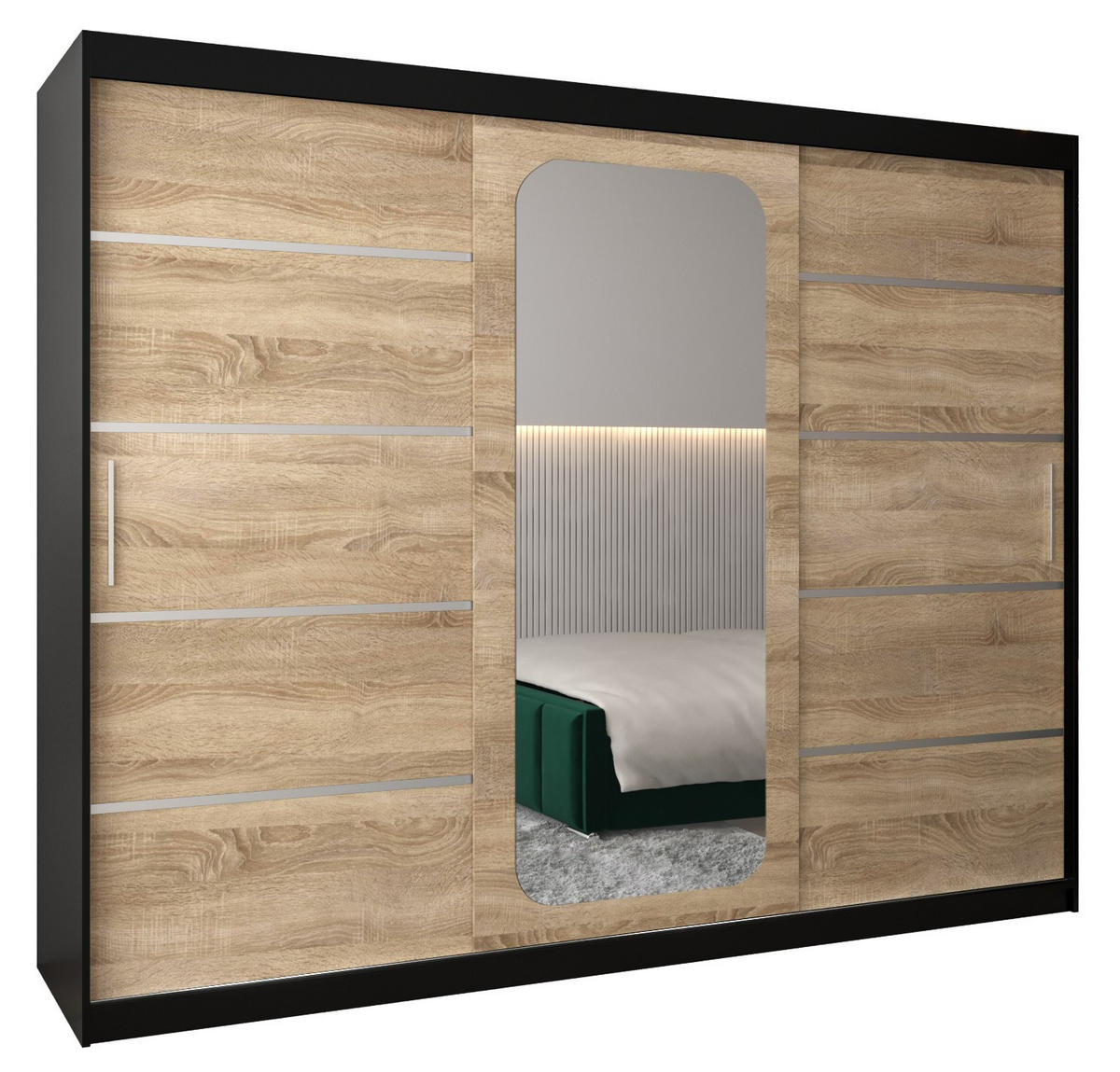 SCHWEBETÜRENSCHRANK 200/250/62 3-türig - Silberfarben/Schwarz, Holz/Kunststoff (250/200/62cm) - Abiks Möbel
