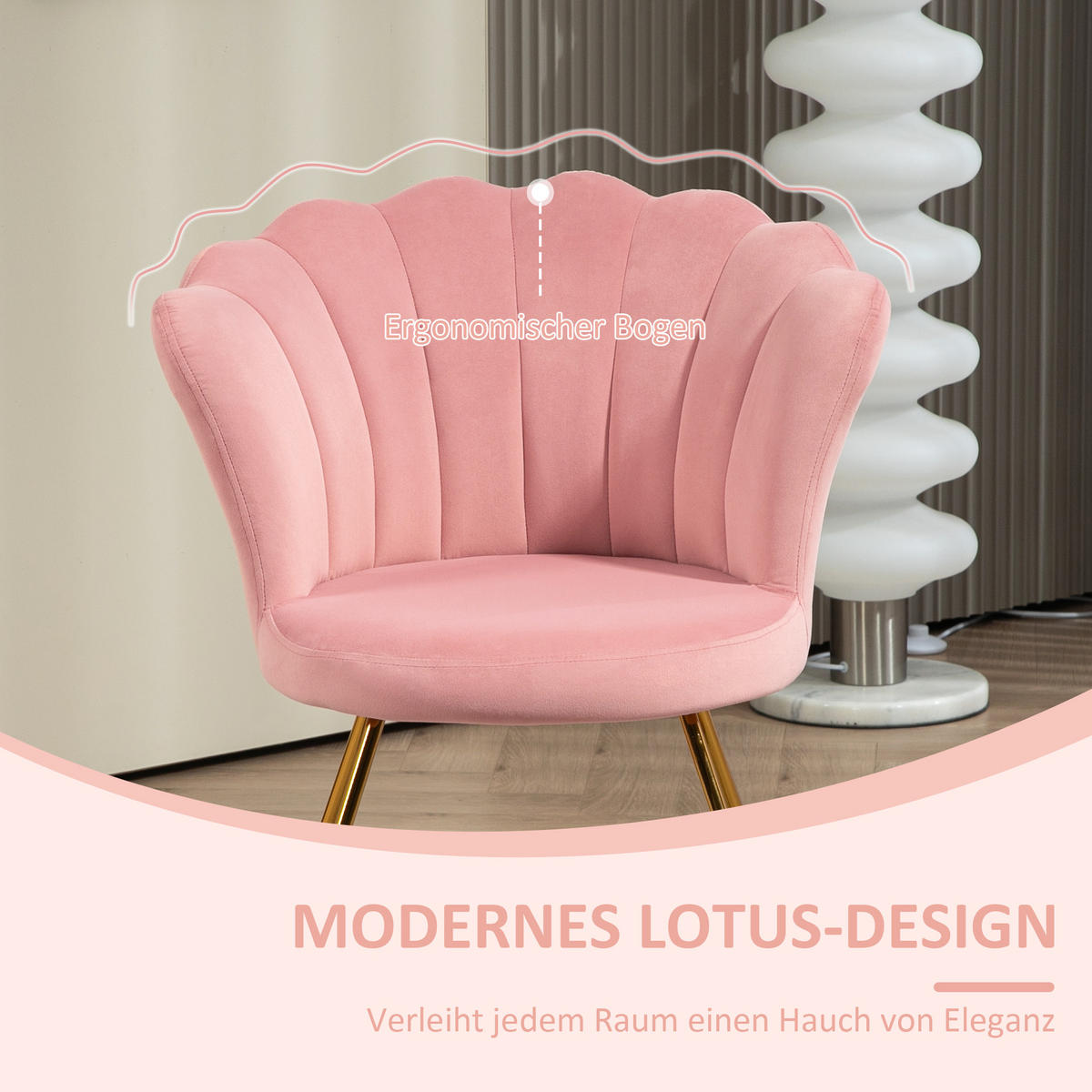 SESSEL Loungesessel mit Armlehnen, Metallbeine, Rückenlehne im Lotus-Design - Rosa, Metall (64/80/69cm) - HOMCOM