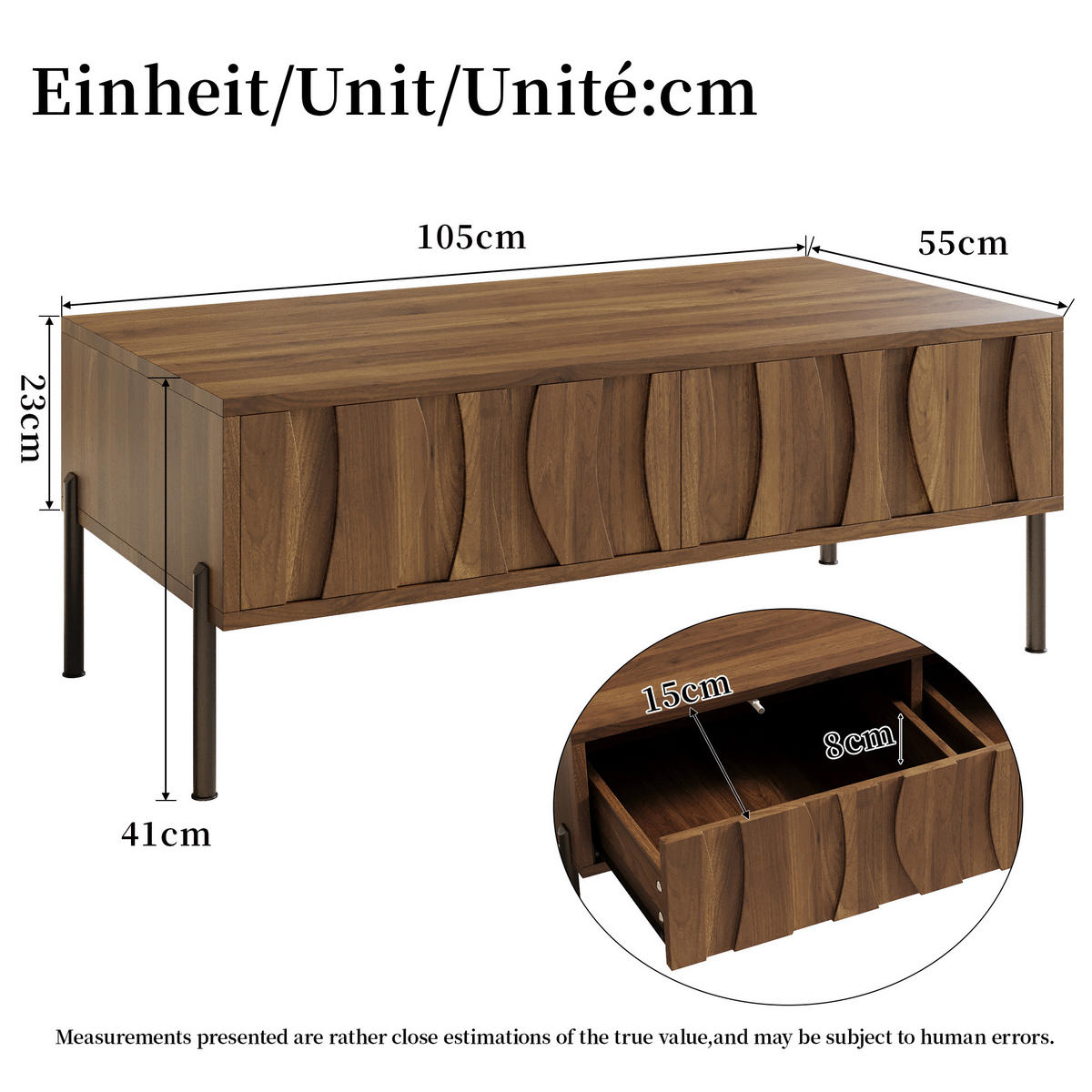 COUCHTISCH in Naturfarben Wohnzimmertisch mit 2 Schubladen und Metallbeinen, für Stauraum und Alltag, B105/T55/H41cm - Schwarz/Naturfarben, Holzwerkstoff/Metall (55/105/41cm) - STILVORA