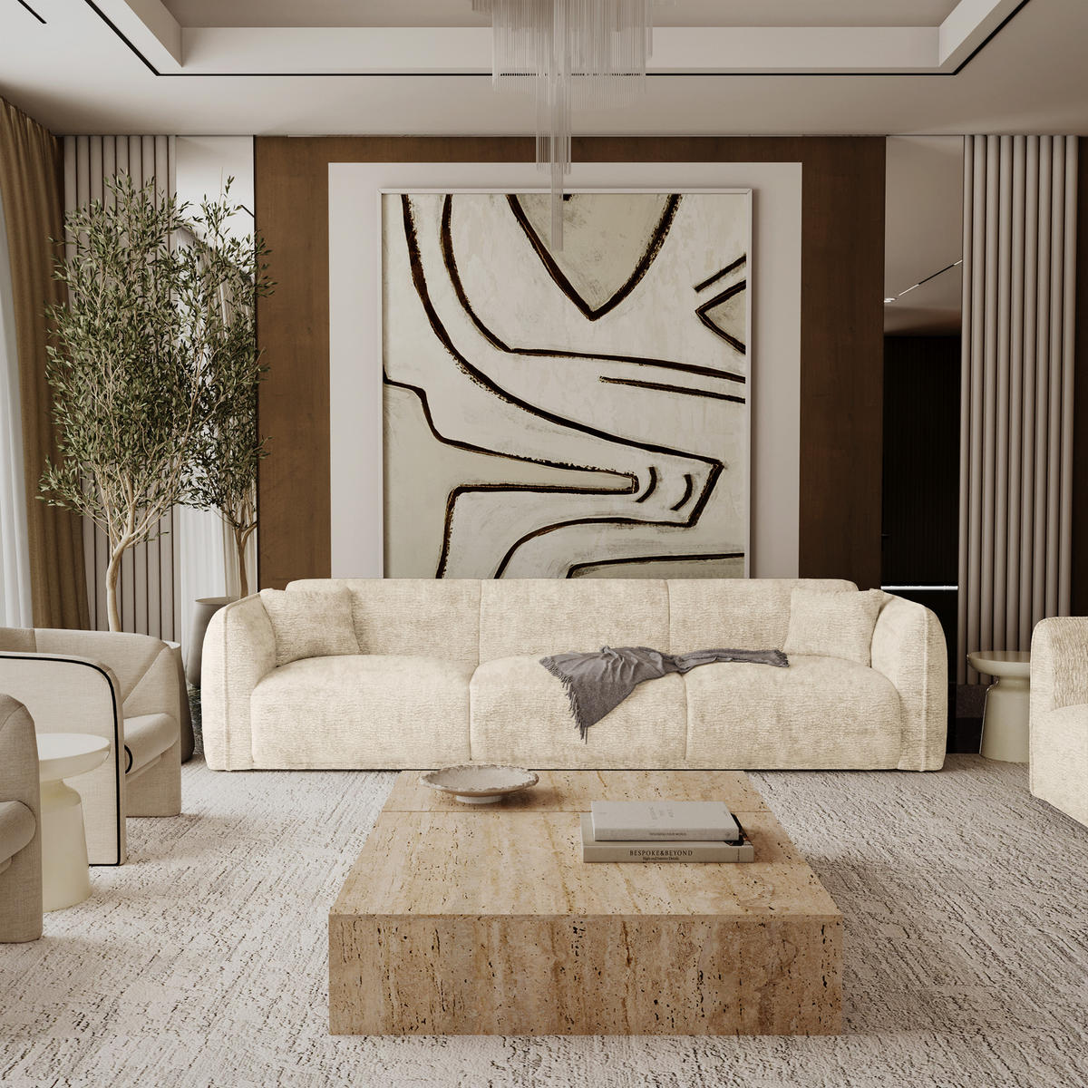 SOFA LUSH Gemusterter Samt Creme 235cm - Creme, Textil (235/72.5/90cm) - Premium Interiors