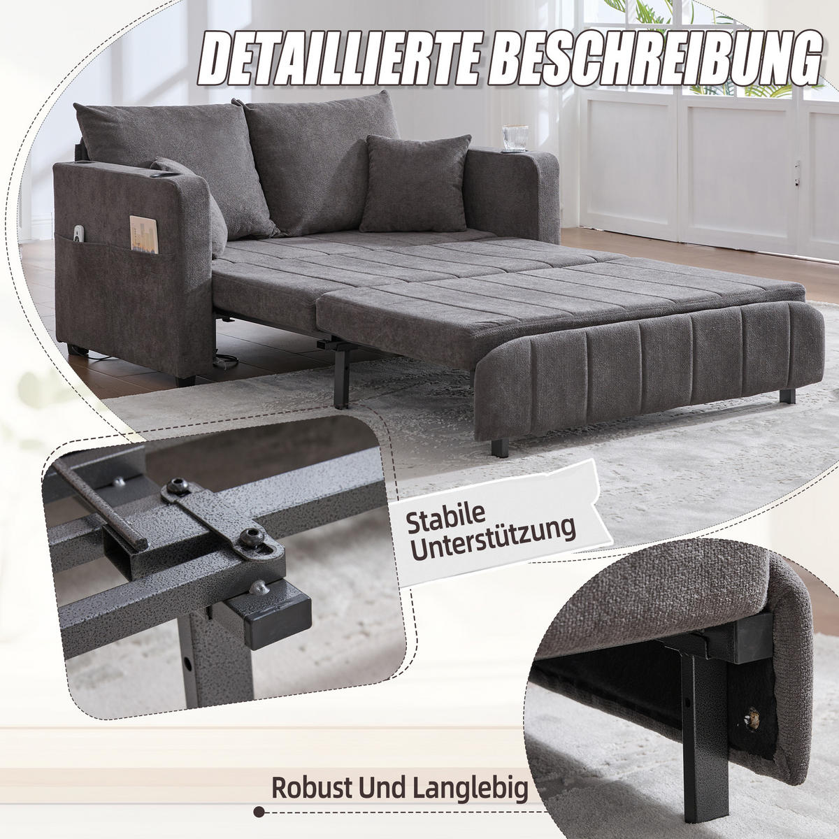 SCHLAFSOFA 139/73/83 cm Grau mit Aufbewahrungstaschen, USB-Ladefunktion und Getränkehalter - Grau, Textil (139/83/73cm) - Oxeza